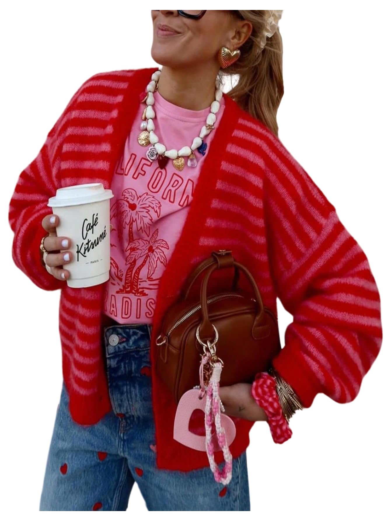 GORGLITTER Womens Button Up Cardigan Colorful Striped Color Block Knit Button Down Long Sleeve Cardigan Sweaters