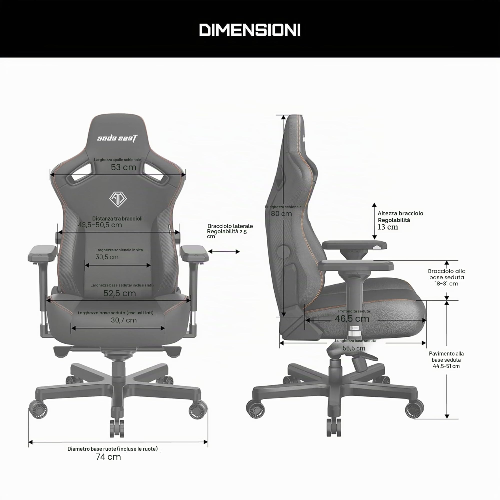 Anda Seat Kaiser 3 Large Sedia gaming Ergonomica per adulti - in Similpelle, con Supporto Lombare e Braccioli Regolabili 4D, Poltrona Gaming Reclinabile e Comode, per Ufficio o casa, Nero