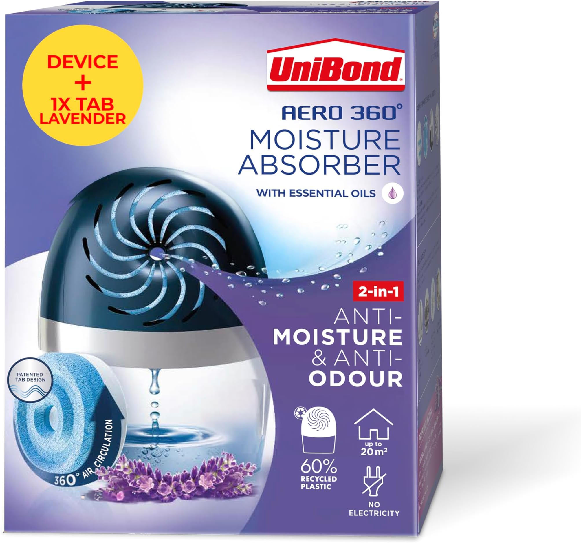 UniBond AERO 360º Lavender, Humidity Absorber, Ultra-Absorbent, Helps Prevent Condensation, Mould & Musty Smells, Recyclable & Refillable, Moisture Absorber Device incl. 1 Lavender Refill Tab 450g