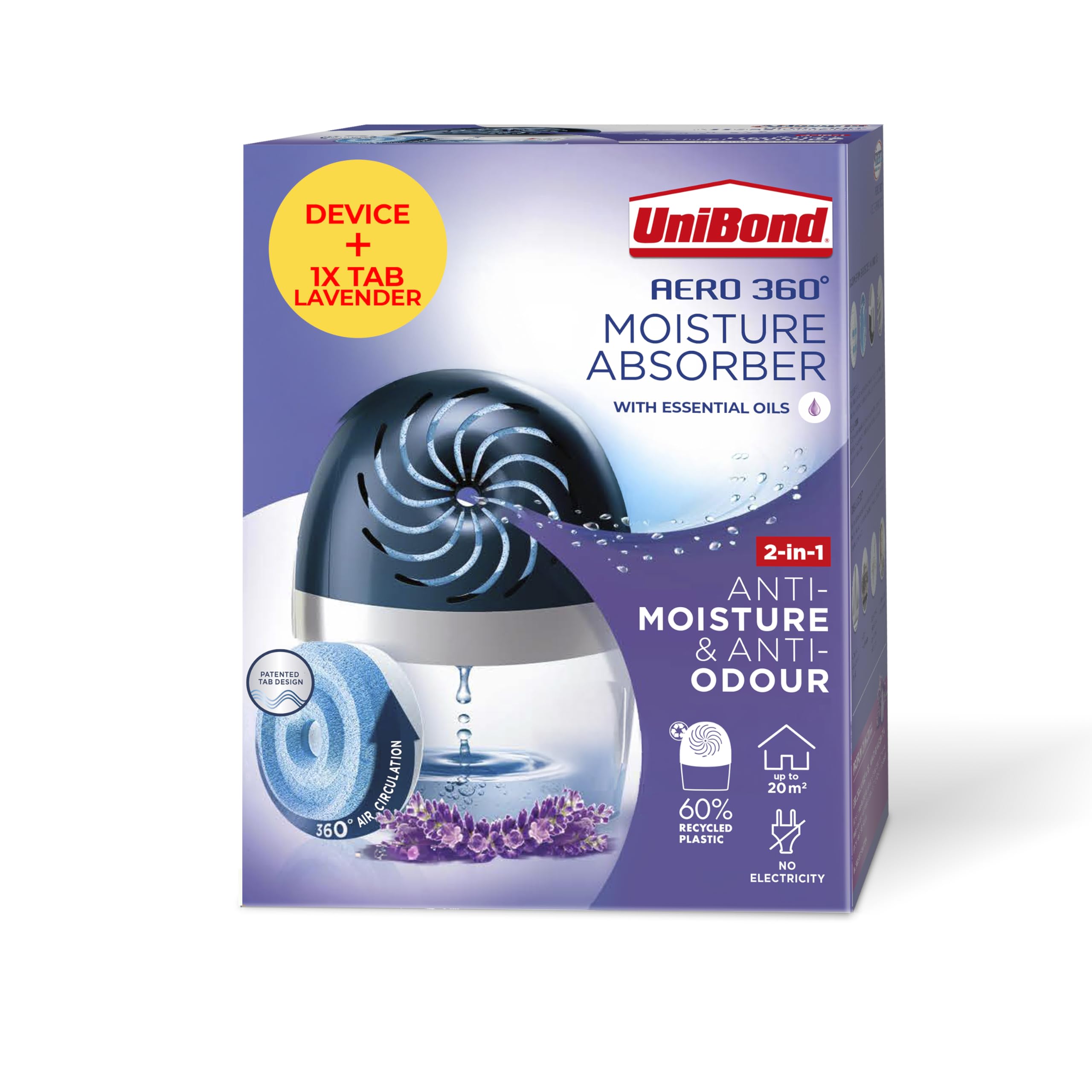UniBond AERO 360º Lavender, Humidity Absorber, Ultra-Absorbent, Helps Prevent Condensation, Mould & Musty Smells, Recyclable & Refillable, Moisture Absorber Device incl. 1 Lavender Refill Tab 450g