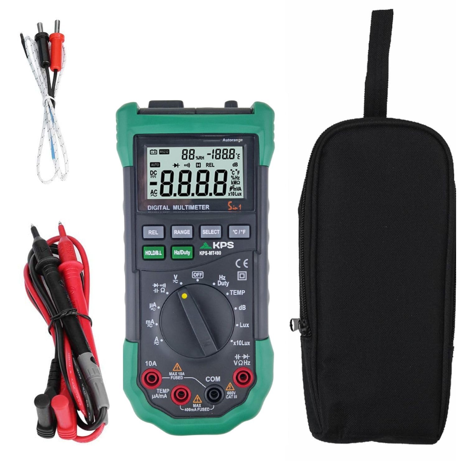 KPS-MT490 Multímetro Digital con medición de Temperatura Humedad Relativa Nivel Sonoro y Luminosidad - Tensión AC/DC 600V Corriente AC/DC 10A