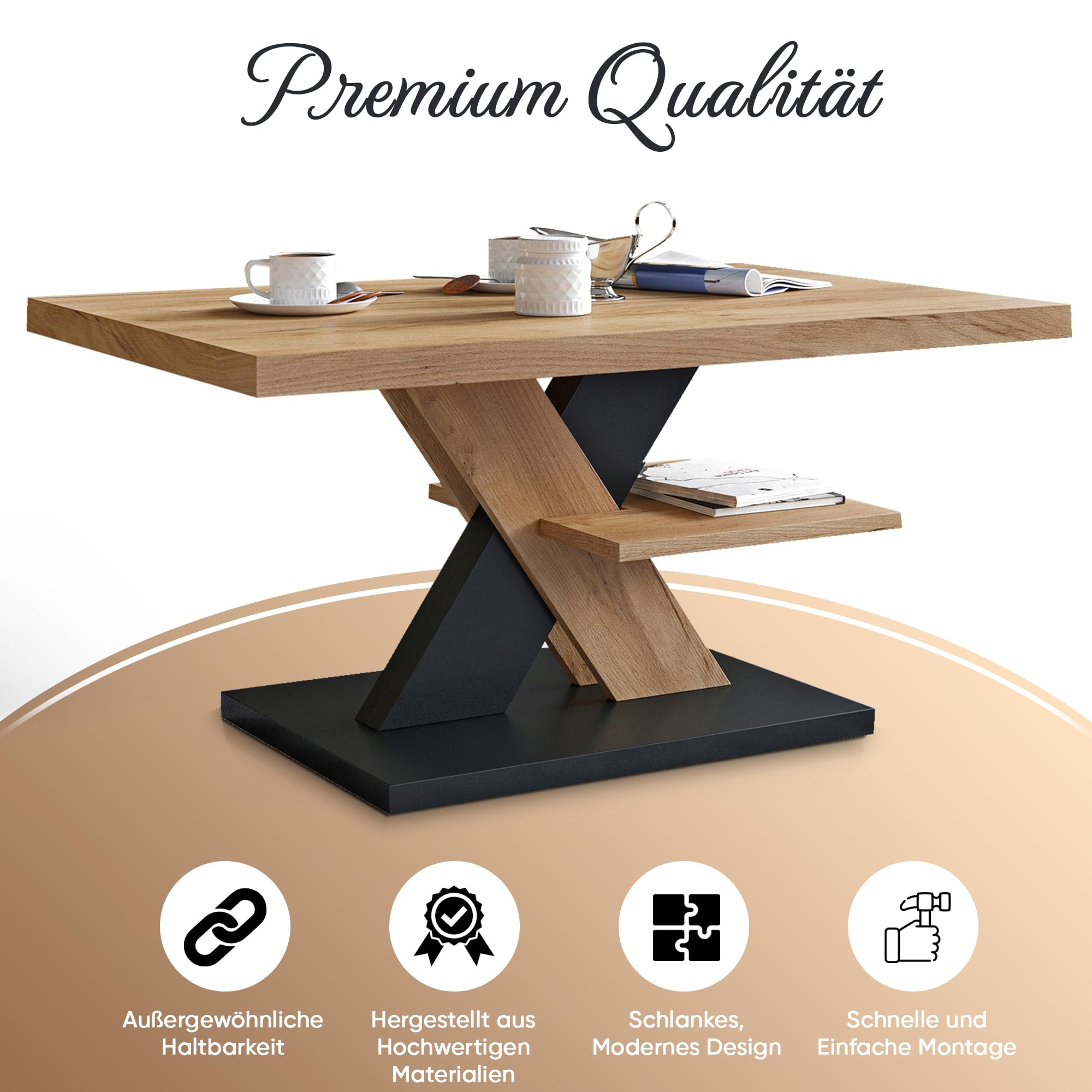 Viosimc Couchtisch, Moderner Wohnzimmertisch, Modern Möbel Wohnzimmer, Kaffeetisch, Sofatisch mit Großer Ablage, Beistelltisch für Tee und Kaffee – Coffee Table for Living Room - Eiche & Schwarz