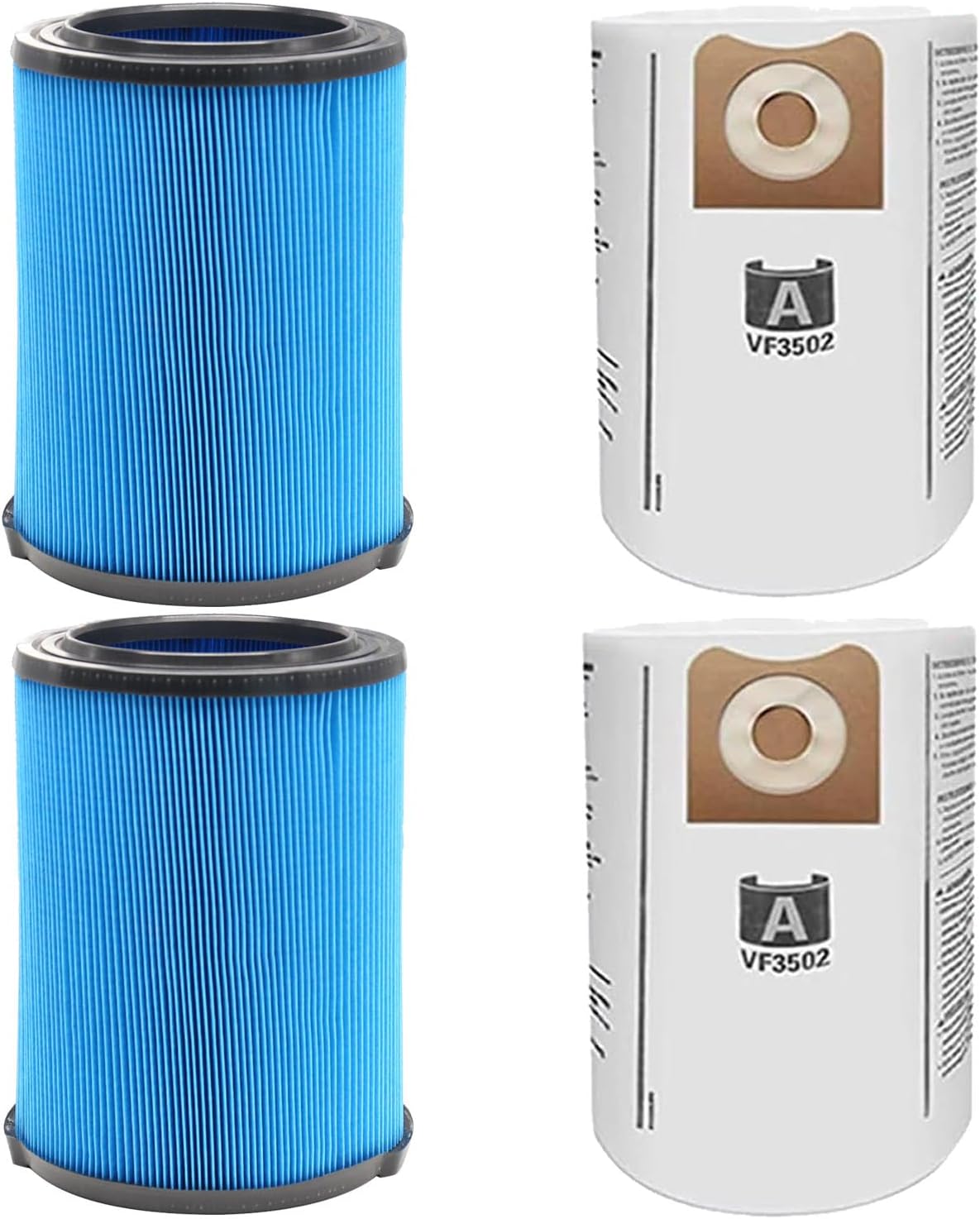 2 Pack VF5000 Filter Replacement Fits for Ridgid 6-20 Gallon Wet Dry Vacuums, 2 Pack VF3502 Vacuum Bags for Ridgid Wet/Dry Vacuum 12-16 Gallon