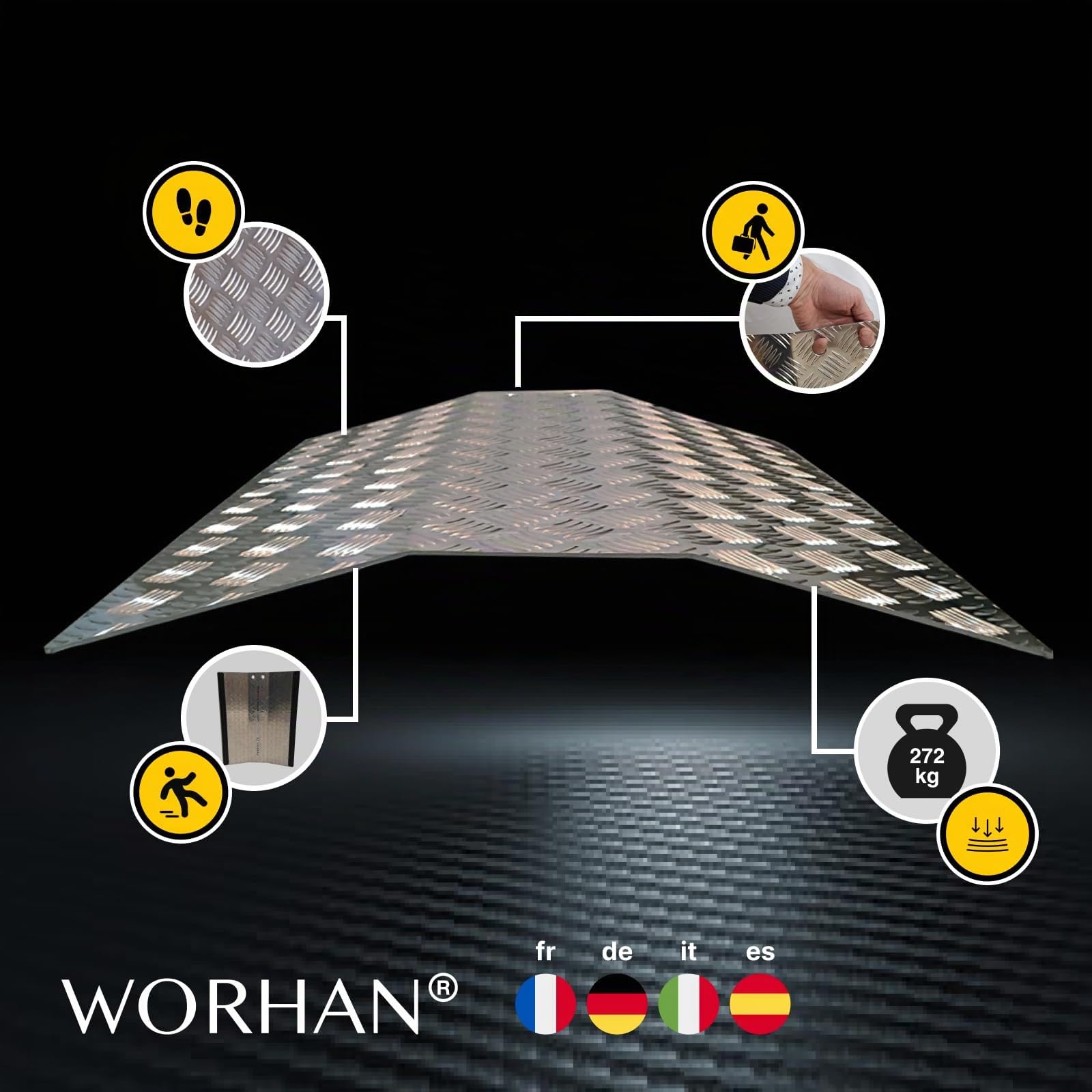 Rampe de Seuil Rigide WORHAN pour Fauteuil Roulant Chargement Plateforme Surface Antidérapante Aluminium Anodisé Rampe de Trottoir Portable TR55