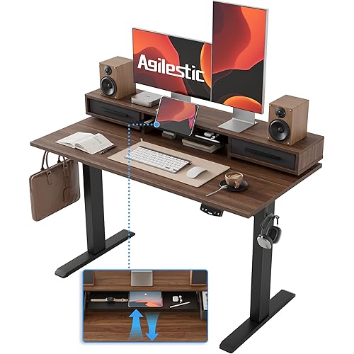 Agilestic 48 Inch Electric Standing Desk with Drawers, Adjustable Desk with Storage Shelf, Stand Up Home Office Computer Table, Splice Board, Dark Walnut