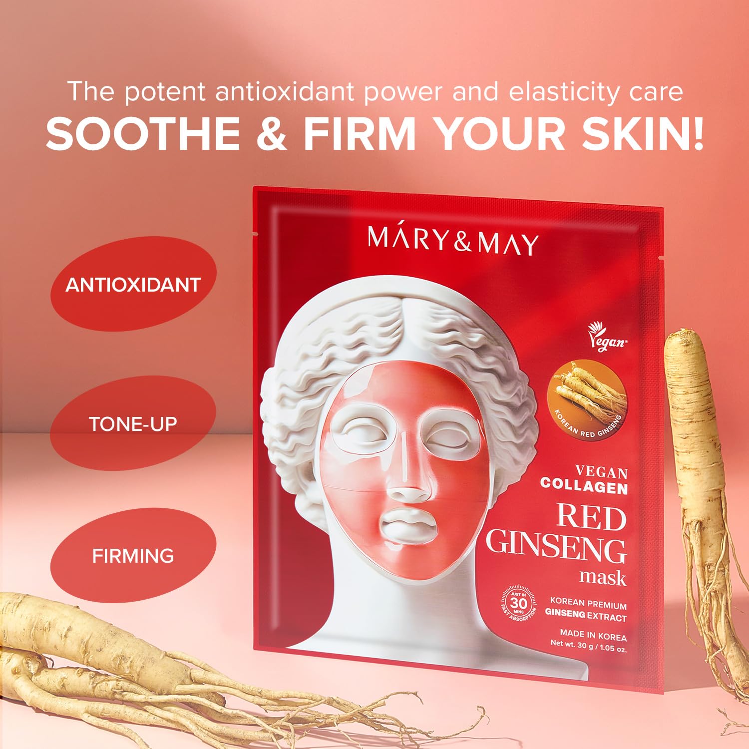 Mary&May Vegan Collagen Red Ginseng Mask - Face Sheet Hydrogel Mask - Low Molecular Collagen, Niacinamide, Centella - Revitalizing, Firming, Hydrating Korean Skincare for Dull & Tired Skin, 4 Sheets