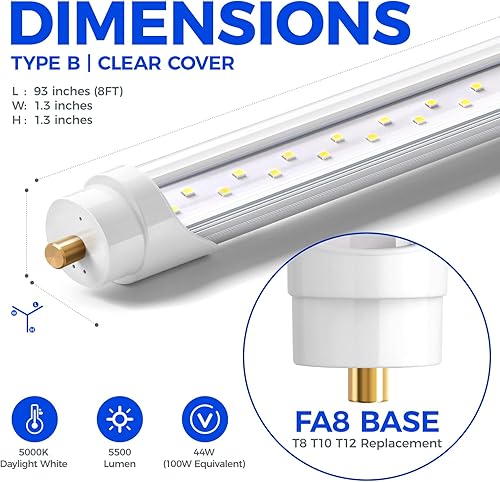 Vista 22 de Barrina Bombillas LED de 8 pies, 44 W, 5500 lm 6500 K, superbrillantes, tubo de luces LED T8 T10 T12, luces LED FA8 de un solo pin, cubierta