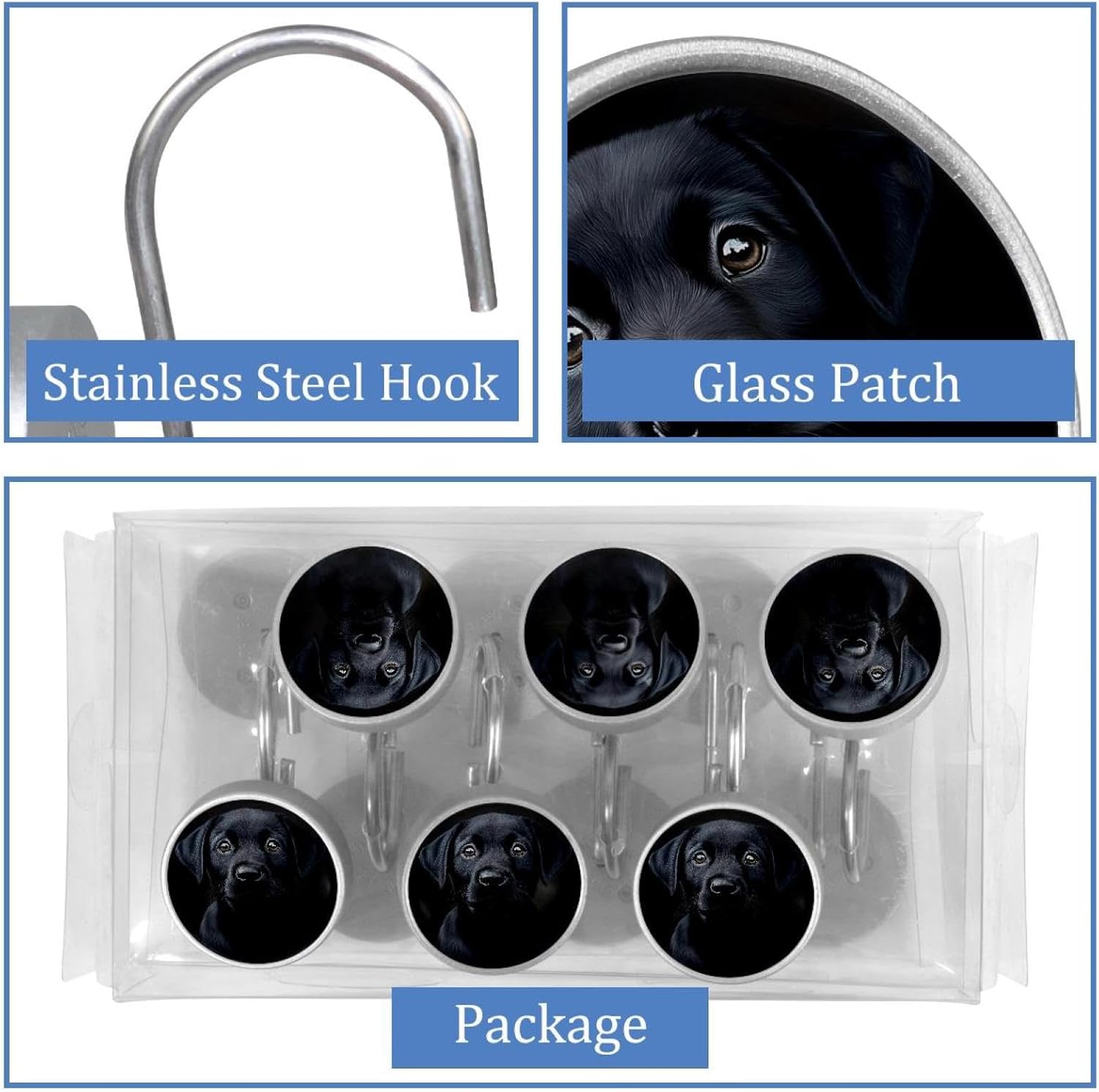 Labrador Puppy (1) Round Crystal Glass Decorative Shower Curtain Hooks with 3D Pattern Visual, Rust Proof Shower Curtain Rings-12 Pack