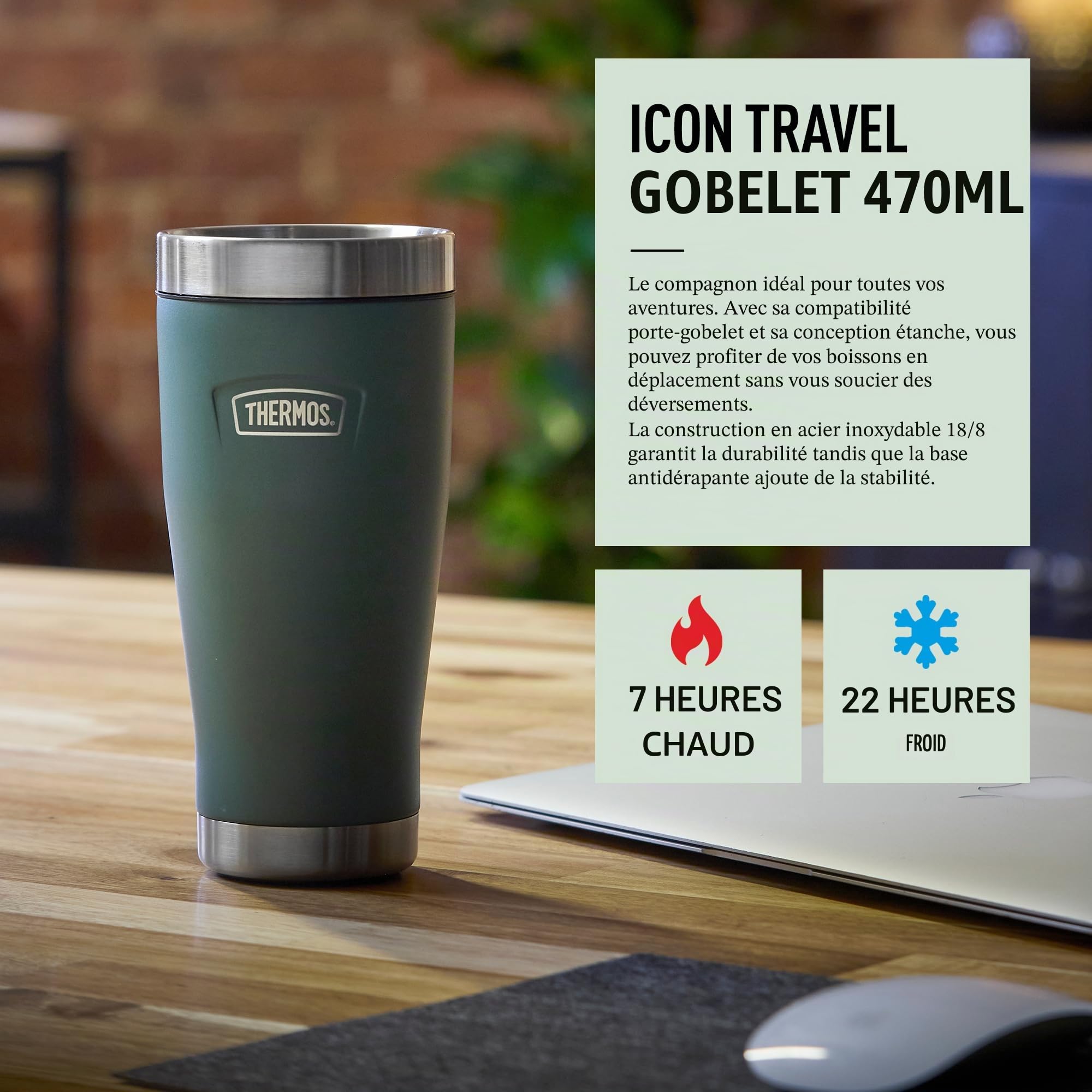 Thermos Icon Rock Cap – Gobelet de voyage isotherme réutilisable en acier inoxydable pour boissons chaudes ou froides, bouteille d'eau scellée sous vide avec couvercle anti-fuite, 470 ml, pour