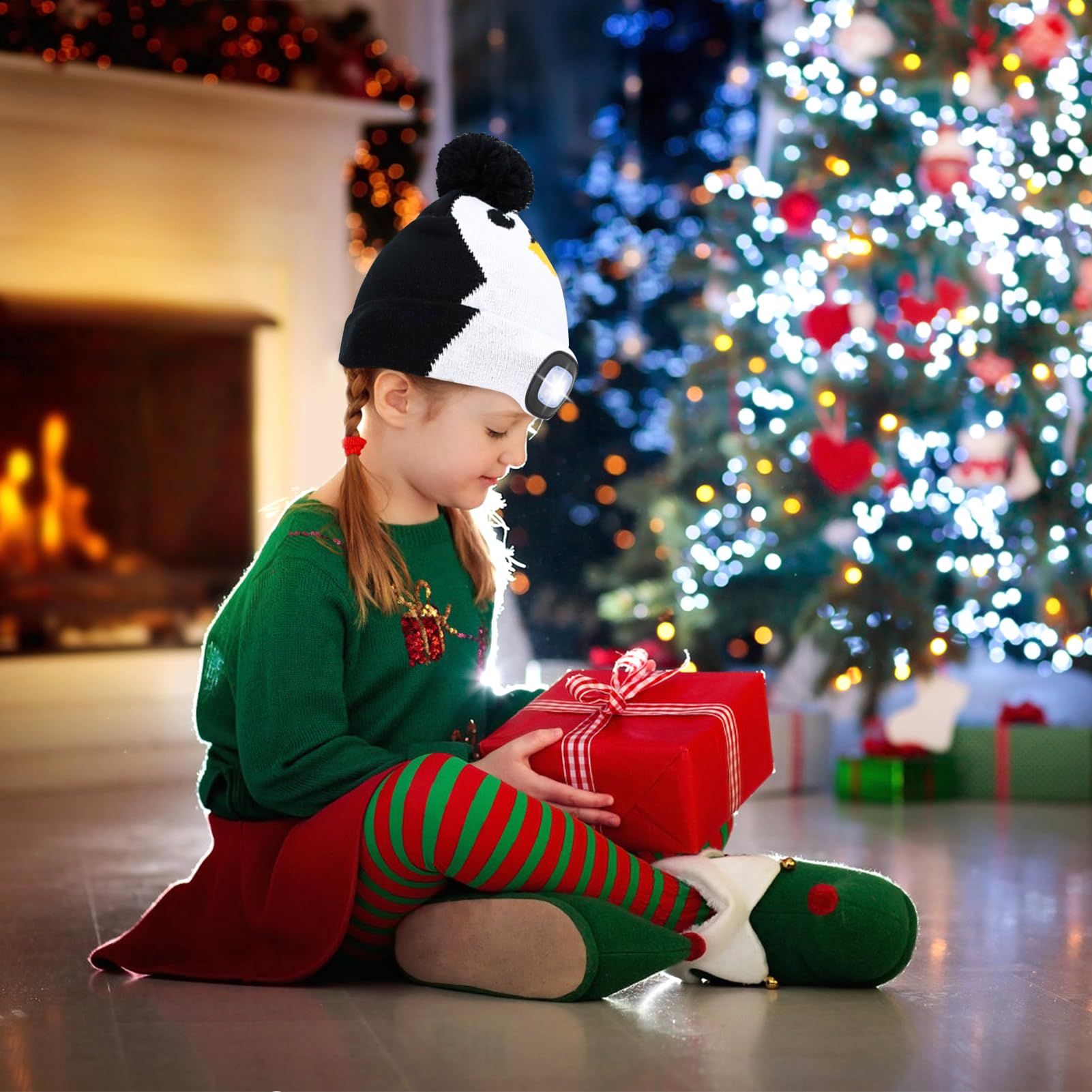 Czapka z oświetleniem LED dla dzieci, czapka bożonarodzeniowa z diodami LED, czapka zimowa dla dzieci, ładowana przez USB, śliczna zimowa ciepła czapka z dzianiny, pingwin, bałwan, jeleń,
