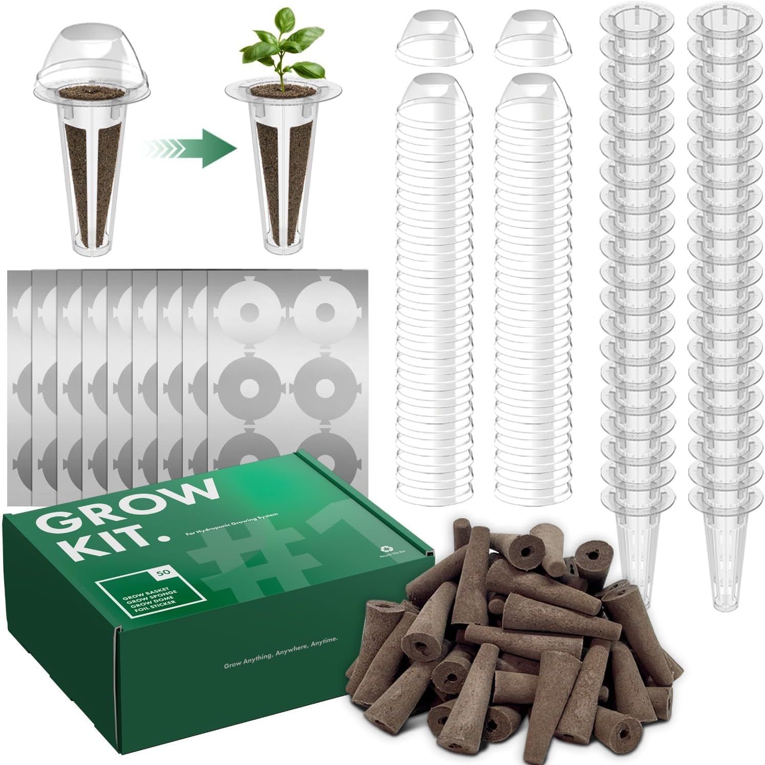 200pcs Hydroponic Pods Kit for Aerogarden and idoo, Grow Anything Kit with 50 Grow Sponges, 50 Grow Baskets, 50 Grow Domes, 50 Pod Labels, Compatible with Hydroponics Supplies from All Brands