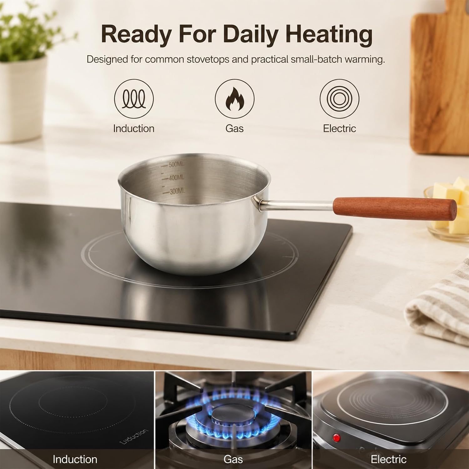 17 oz Stainless Steel Mini Butter Warmer Pot with Spoon, Small Sauce Pot with Pour Spout and Wooden Handle for Heating Milk, Butter, Chocolate, Compatible with Induction & Gas Stovetops