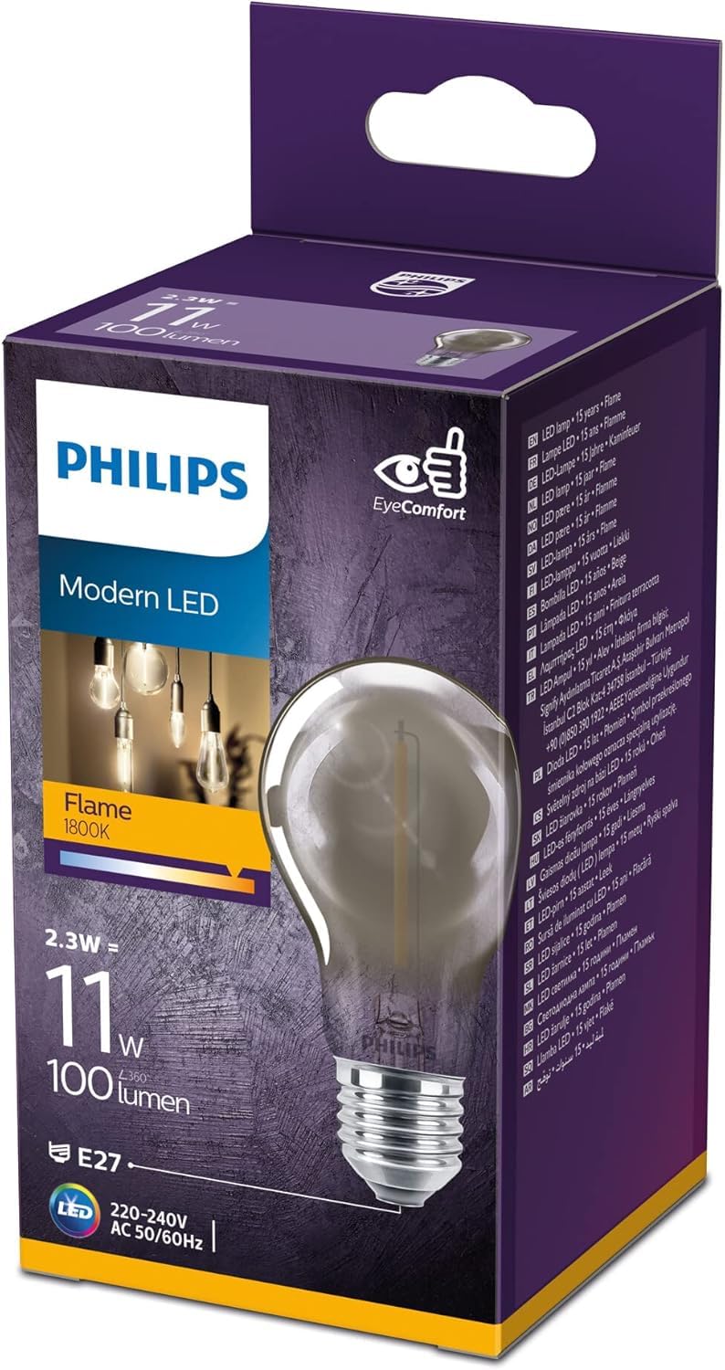 Philips LED Classic A60 Smoky Light Bulb [E27 Edison Screw] 2.3W - 11W Equivalent, Flame Warm White (1800K), Non-Dimmable.