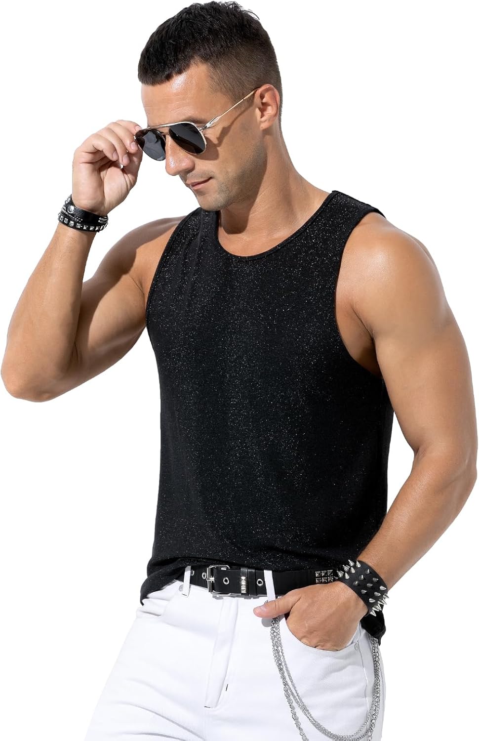 Casey Kevin Men's Glitter Tank Top Rave Gold Hipster Sequin Sleeveless Shirt Sparkly Disco Vest - Image 2