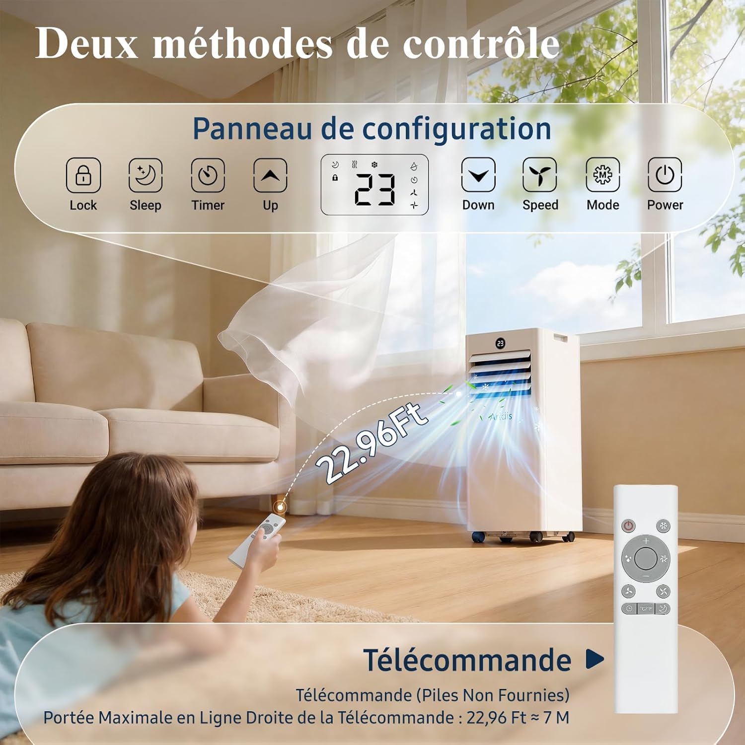 Climatiseur Mobile 9000 BTU - Climatiseur Portable 4 en 1 Silencieux - Télécommande, Minuterie 24h & Mode Sommeil,Clim Mobile pour Maison et Bureau,Kit d'Évacuation par Fenêtre Inclus