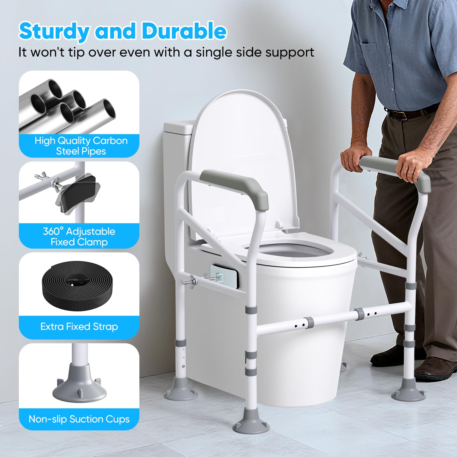 Barre di sicurezza per WC 150 kg/300 libbre, barre per WC regolabili in larghezza e altezza, telaio per WC con grandi ventose, per anziani, disabili e portatori di handicap