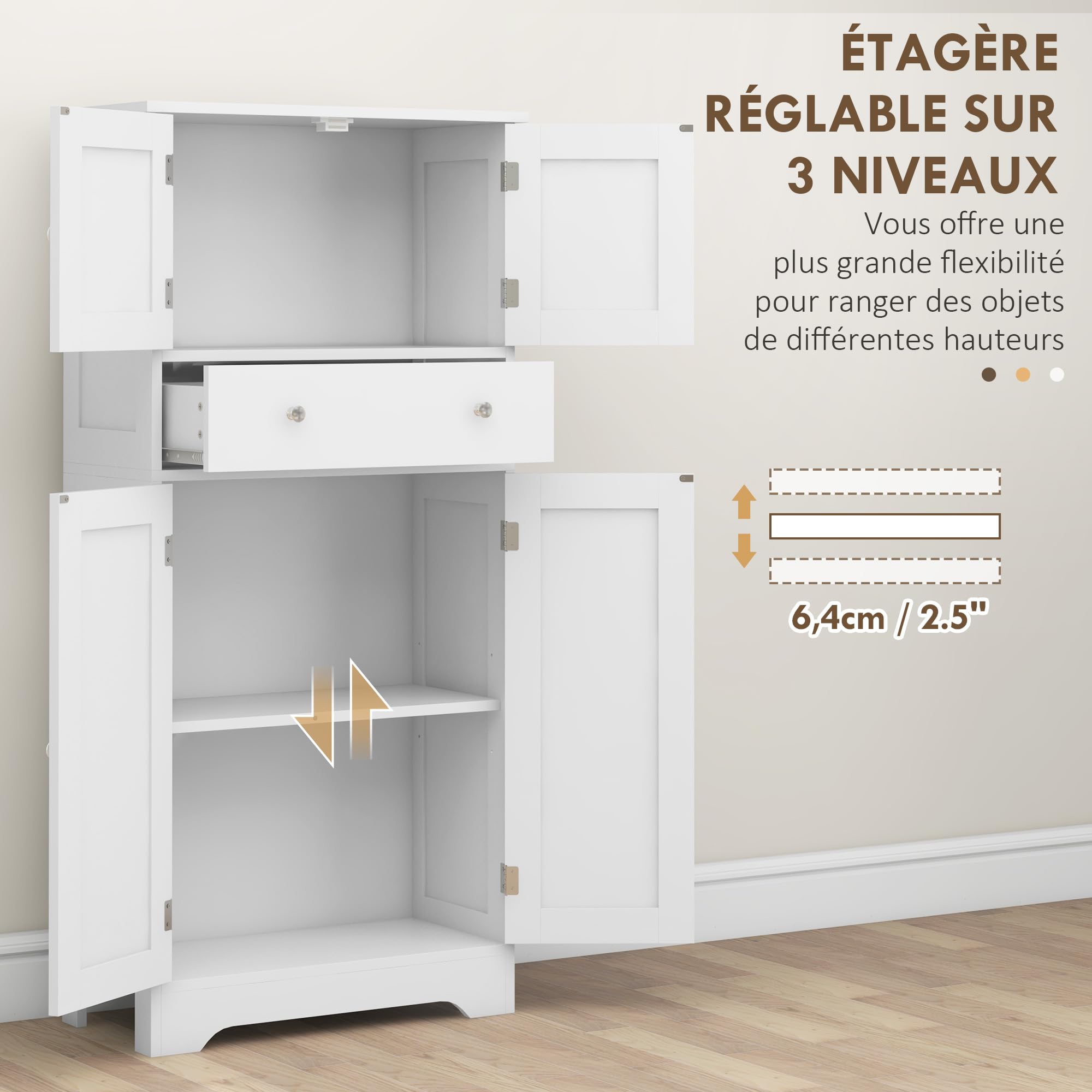 HOMCOM Armadio da cucina a buffet in stile moderno con armadietti, ripiani regolabili, cassetto, per sala da pranzo, soggiorno, 60 x 30 x 128 cm, bianco