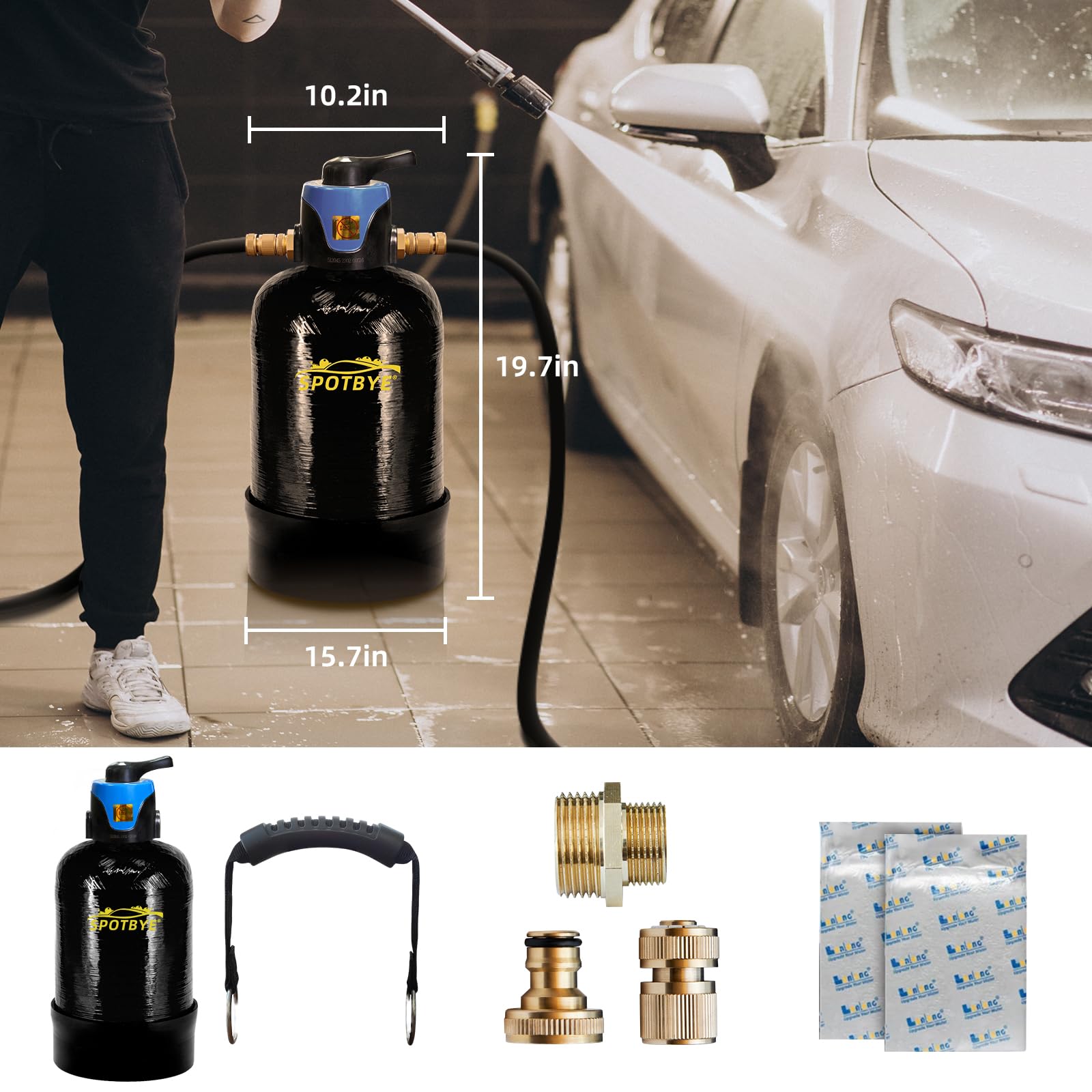 Filtro de agua para lavado de autos DI Autowaschwasserfilter 10 L con bypass Deionizado Sistema de lavado de autos DI sin manchas para auto, RV, vehículos, motocicletas, botes, sin manchas, sin secado
