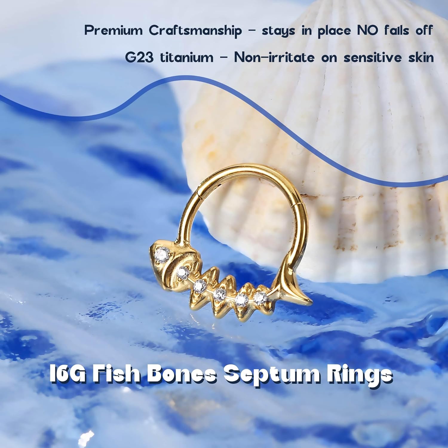 BodyBonita 16G Septum Rings Fish Bones, G23 Titanium Nose Rings Hoops, Septum Jewelry Clicker, Conch Helix Tragus Rook Daith Piercings for Women Men Silver/Gold Plated 8/10 mm - Image 4