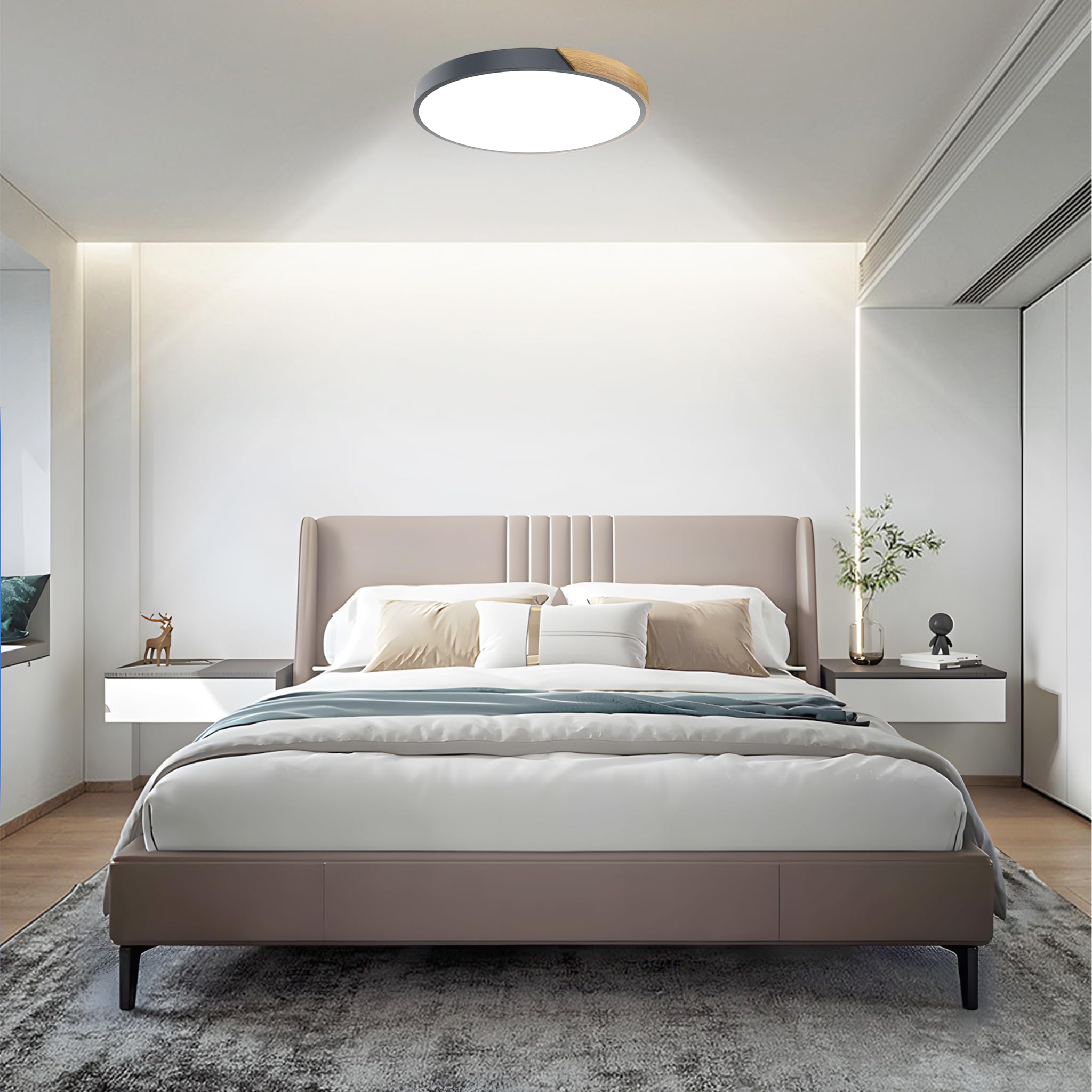 Froadp LED Deckenlampe Holz Deckenleuchte, Modern Lampe Decke Flach, Holzlampe Rund für Wohnzimmer, Schlafzimmer, Badezimmer, Küche, Flur, Kinderzimmer, Büro (96W Dimmbar, Grau)