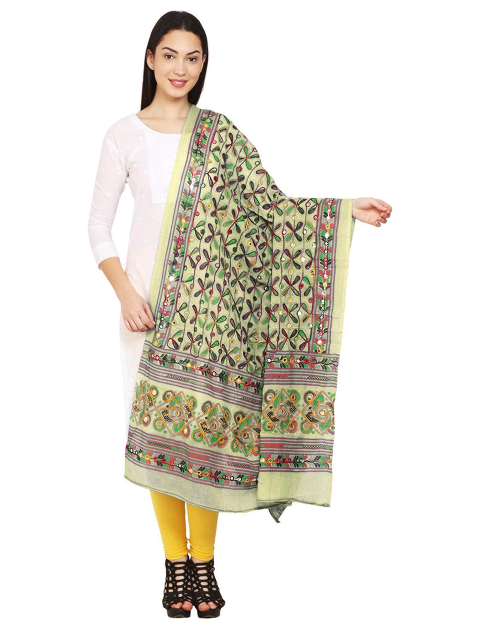 Cotton Floral Dupatta for Women Design With Traditional Kutchi Work Embroidery Stole
