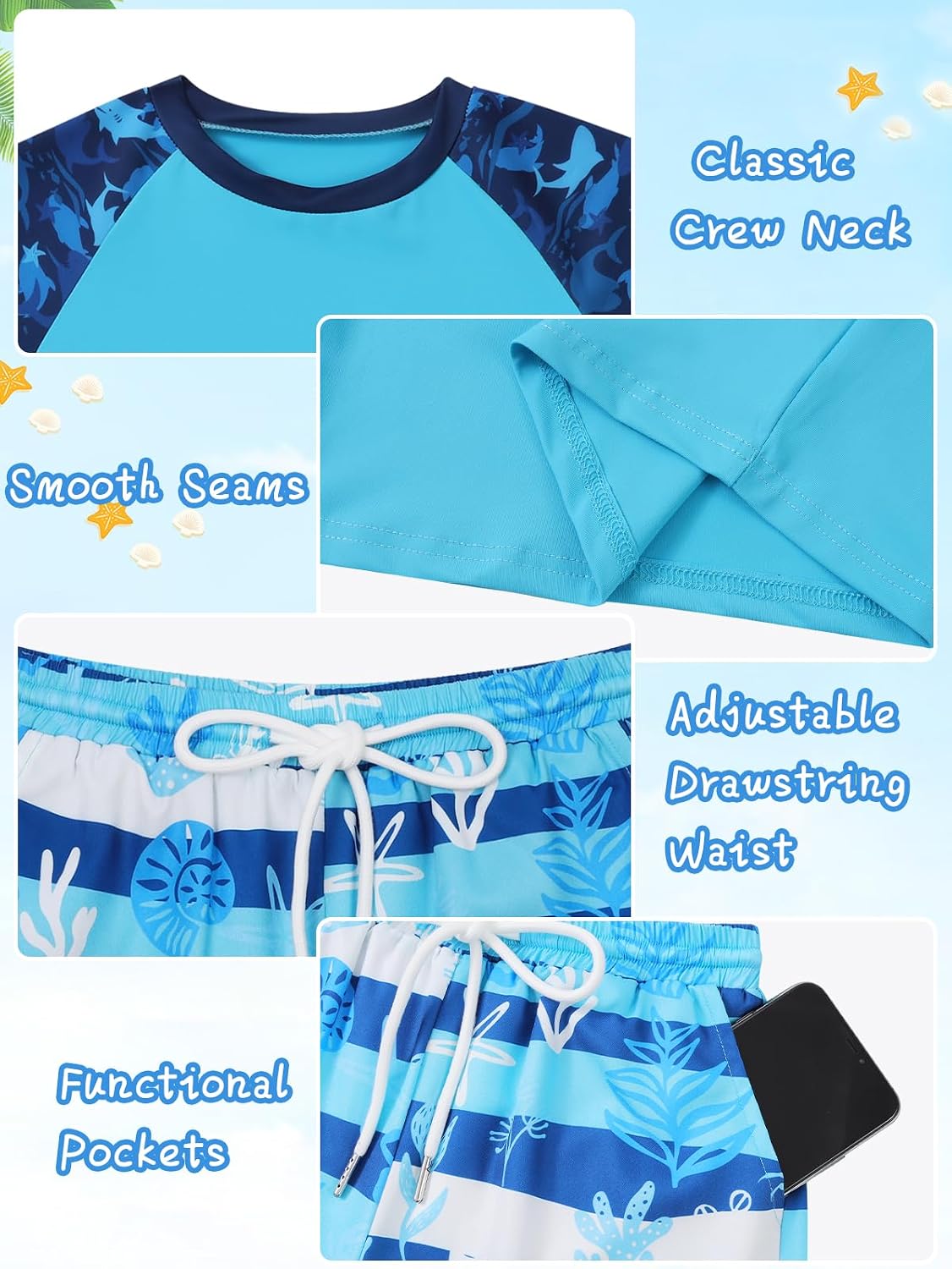 Boys Rash Guard Swimsuits Set with Swim Trunk 2 Piece Long Sleeve Swim Shirt and Bathing Suit Kids Youths Swimwear