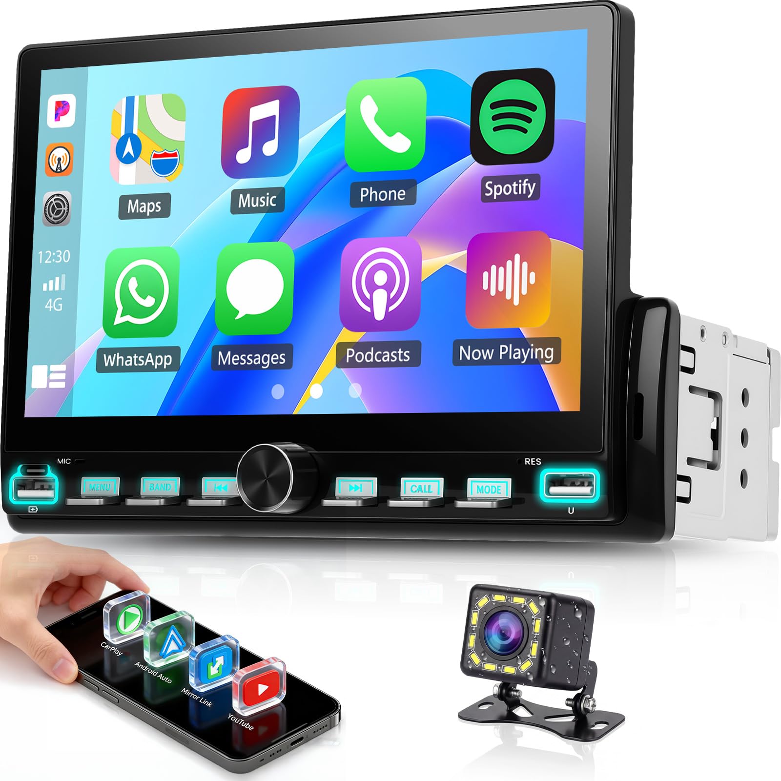 SIXTOP Autoradio 1 DIN CarPlay Android Auto Youtube écran Tactile IPS 7 Pouces avec Touches Style Piano MirrorLink Bluetooth FM Radio USB Type-C EQ SWC Caméra de Recul