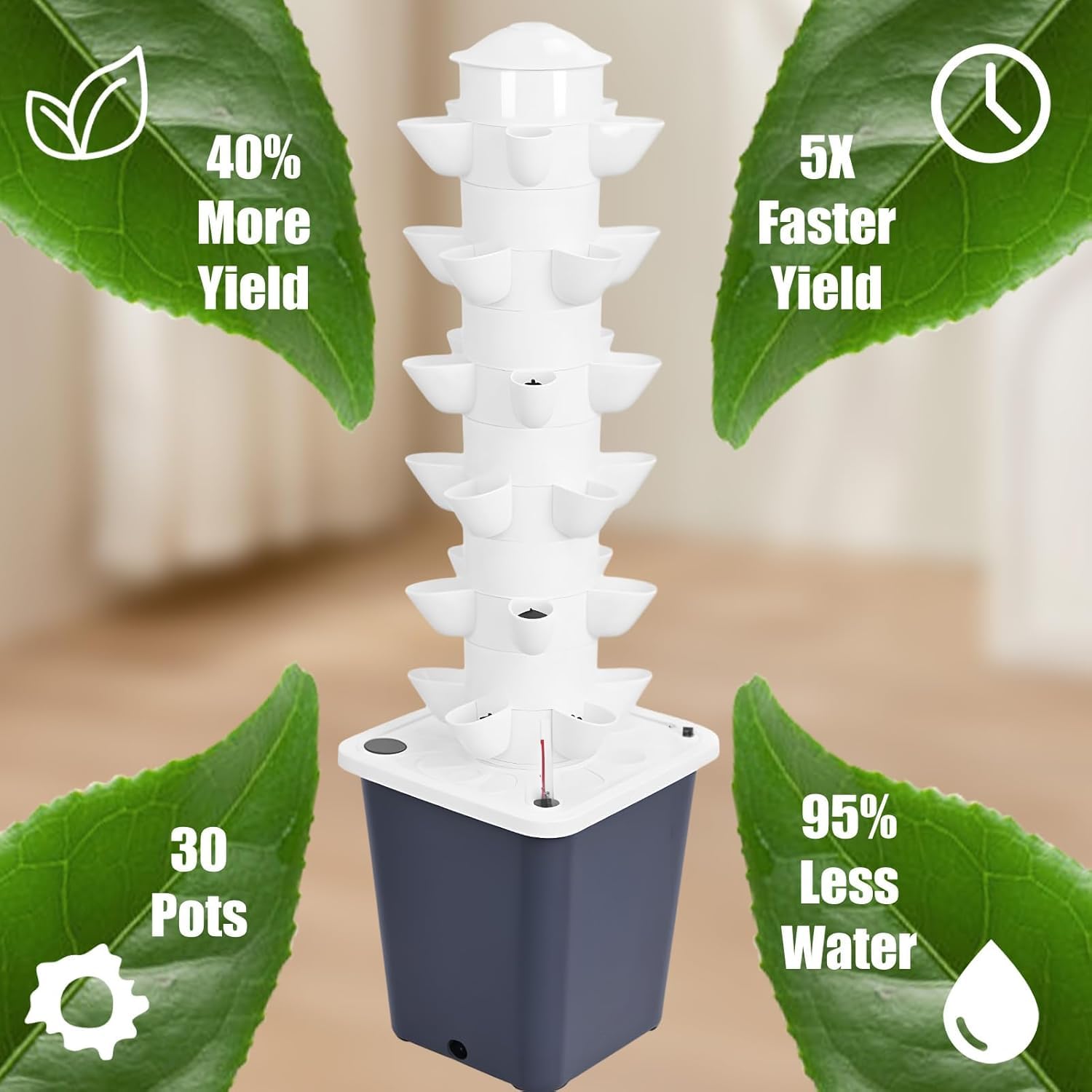 Hydroponischer Turm mit 30 Pods, Hydroponisches Anbausystem für Kräuter, Obst und Gemüse für den Garten, Aeroponisches Anbauset mit Befeuchterpumpe, Netztöpfe, für Kräuter, Obst und Gemüse