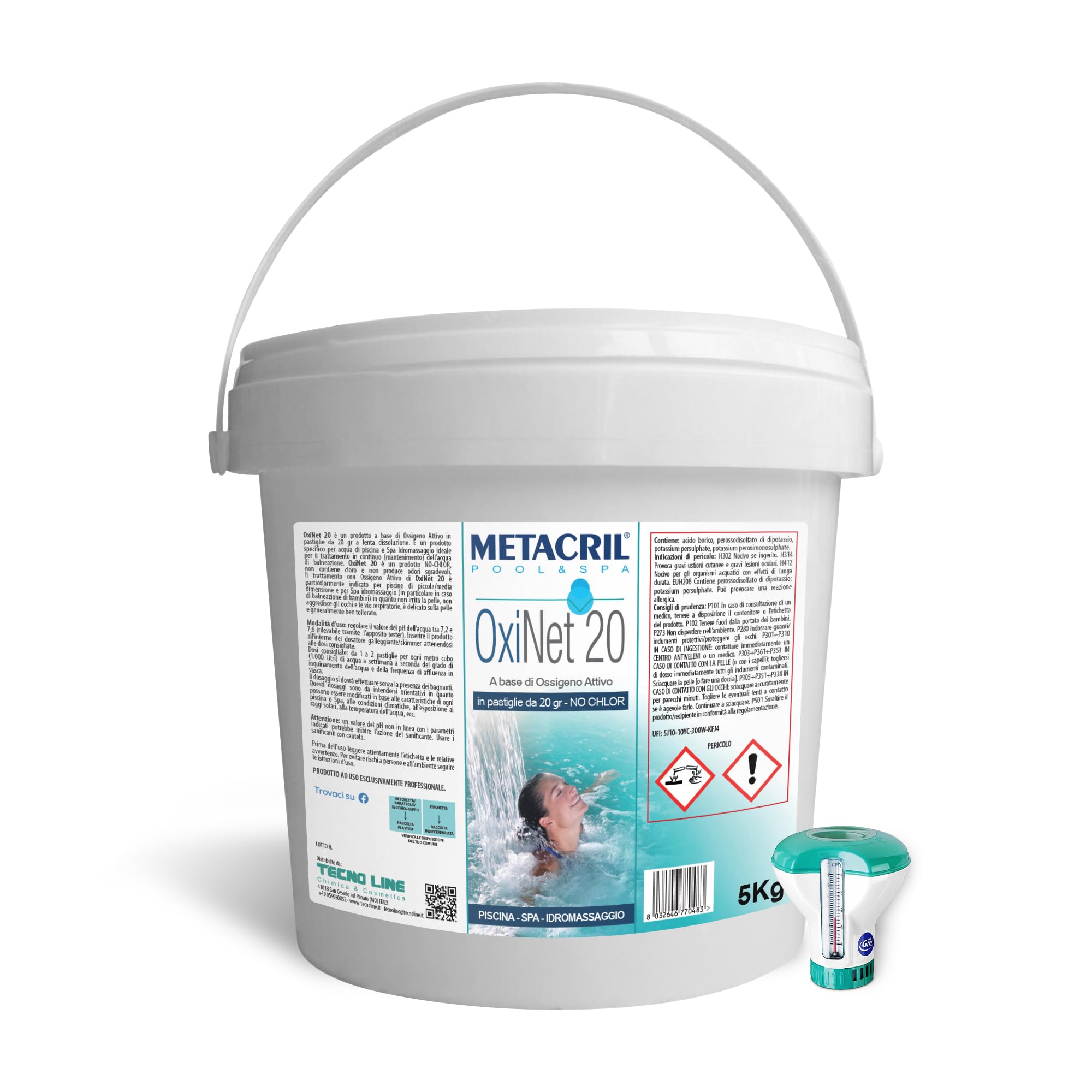 Metacril OxiNet 20 + Dos. Galleggiante, Ossigeno Attivo Past. da 20gr - 5KG | in Pastiglie da 20 gr, a lenta dissoluzione, Ideale per Piscina e Spa Idromassaggio con Dosatore Galleggiante