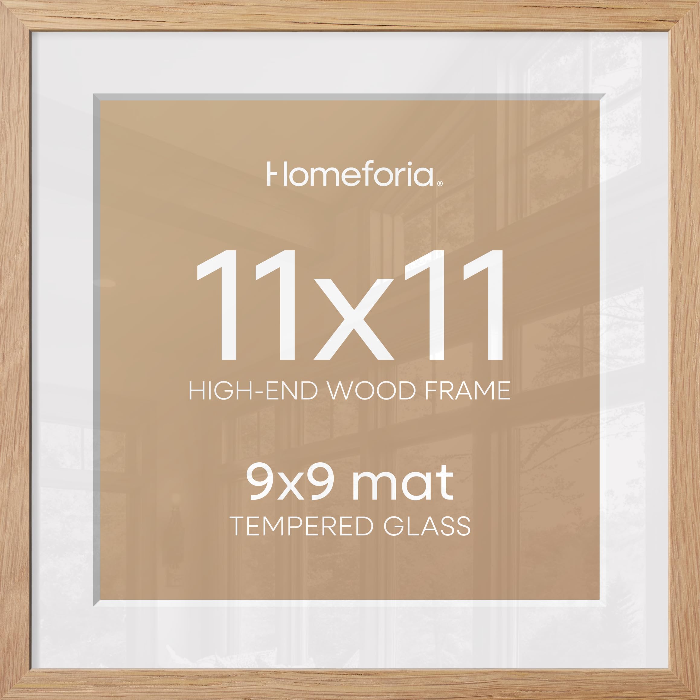 Homeforia 11x11 Natural Oak Picture Frame, High-End Wood, 9x9 Mat, Glass | High End Solid Oak Wood, Tempered Glass, Acid-Free 9x9 Removable Mat, 11x11 Edge-to-Edge Display 11x11, Wall Kit, Set Of 1