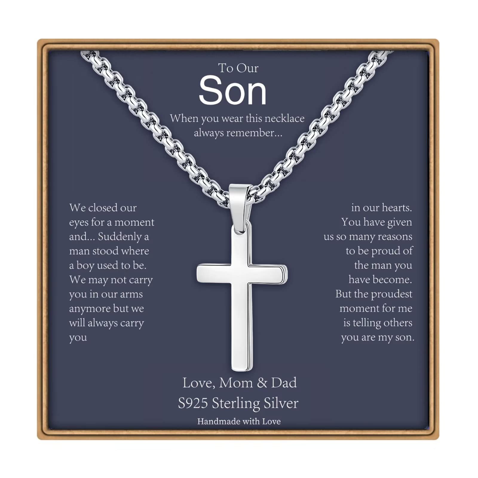 Ieftop Cross Necklaces Gifts for Men Him, S925 Sterling Silver Pendant Box Chain Cross Necklace Religious Baptism Gifts for Men Grandson Son