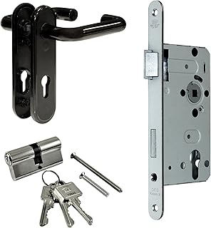 BKS Zimmertür/Wohnungstür/Kellertür Komplett Set, Schild Beschlag U-Form (beidseitig Drücker) + PZ Schloss + Profilzylinder (DIN LINKS)