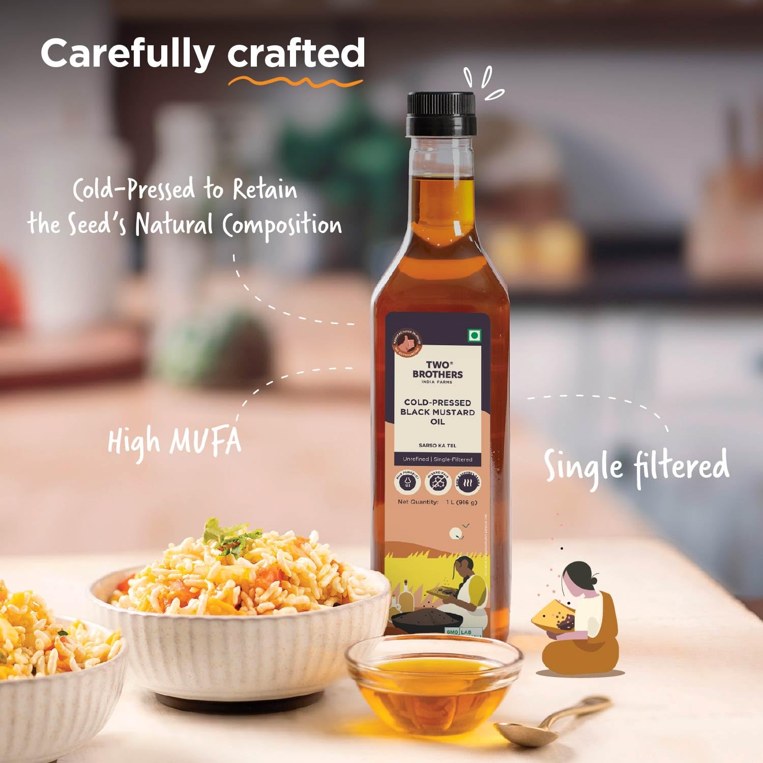 Two Brothers India Farms India's Only Certified Glyphosate Free Mustard Oil/Sarso Ka Tel (1L), Made Using Native Mustard Seeds | Cold-Pressed and Single-Filtered Oil for Cooking | Hexane-Free