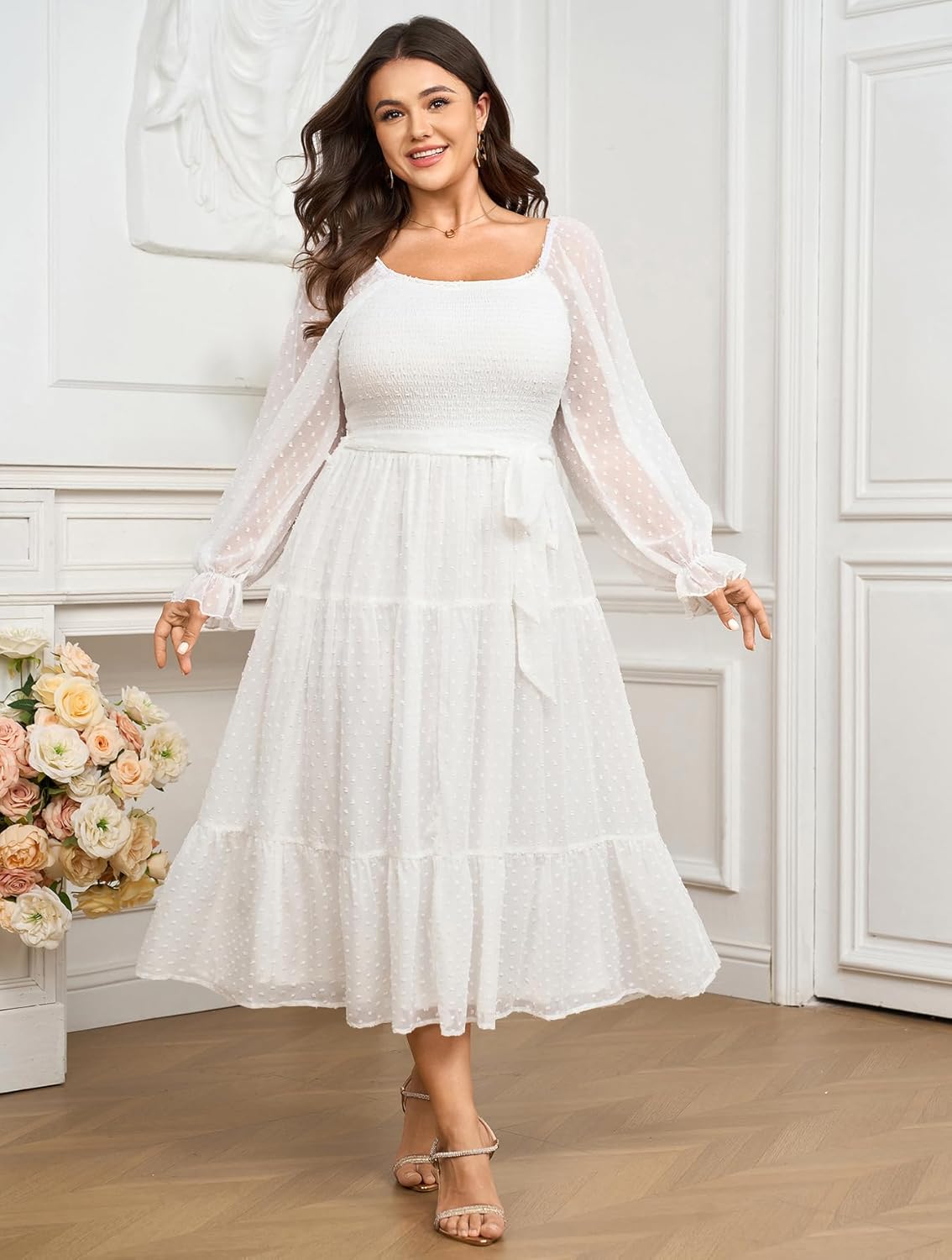 SCOMCHIC Women's Plus Size Dress Long Sleeve Square Neck Swiss Dot Chiffon Smocked A Line Ruffle Cocktail Maxi Dresses - Image 2