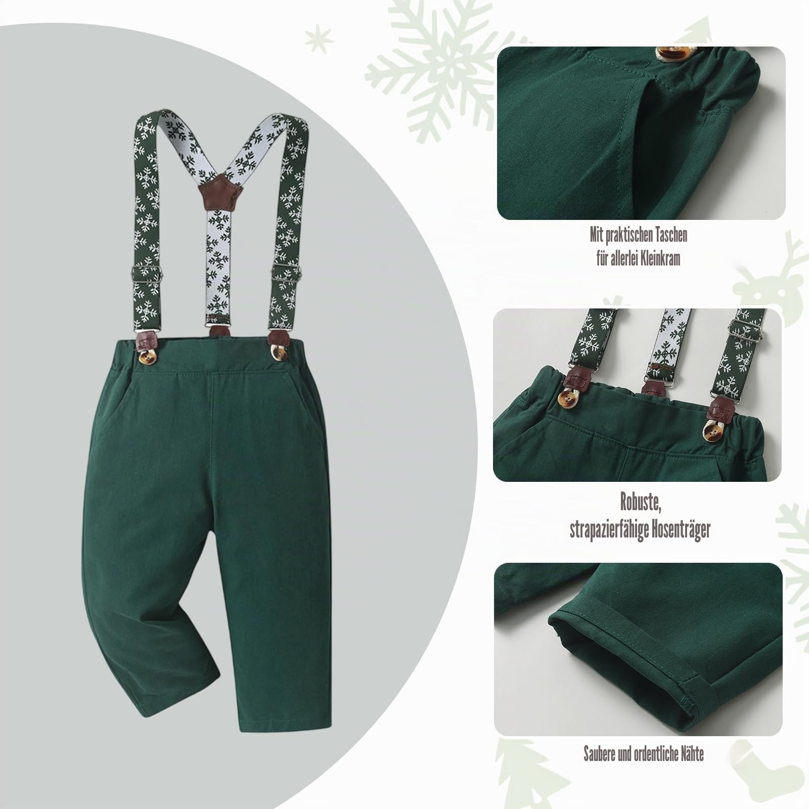 Weihnachtsanzug für Jungen mit Fliege, Hosenträger & Flachmütze - Festlicher Strampler im Gentleman-Look für Babys