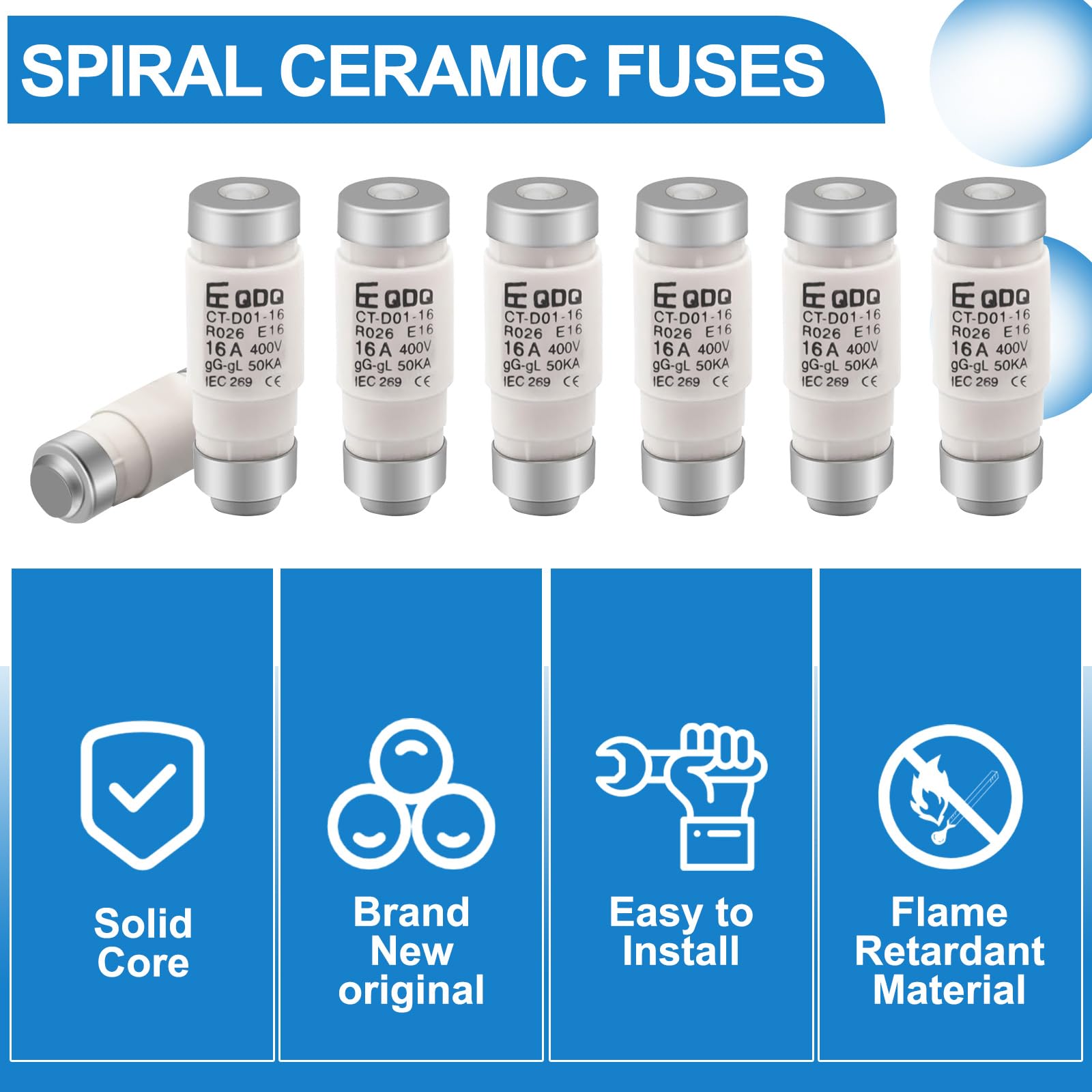 AUKENIEN D01 E14 R026 Fusibles Céramique Spirale Neozed Fusible 16A Ceramique 400V NEOZED Pour Câbles Et Protection Ligne (Paquet De 5