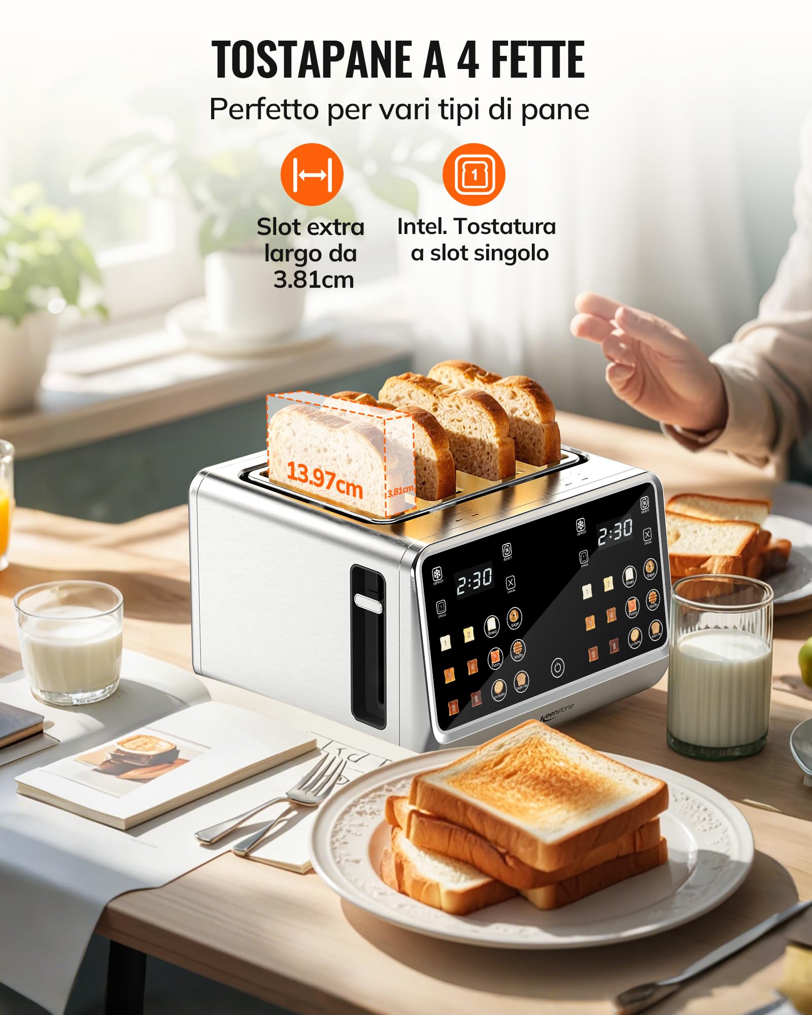 Keenstone Tostapane a 4 fette Ampie fessure, ideale per pane spesso e bagel 6 livelli di doratura più scongelamento Riscaldare Scongelare per Bagel Pane Cialde Acciaio Inox