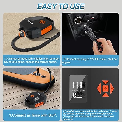 Miniatura 7 de Paddle Board Pump, SUP Pump Electric Portable with Auto-OffDeflation, 12V DC Car Connector Air Pump for Inflatables, Kayak and Air Mattress