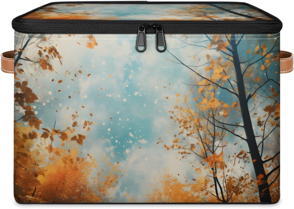 Storage Bin Set of 2 Forest Maple Tree Storage Basket with Zipper Lid & Handle Foldable Closet Shelf 2 Pack Cloth Organizer Basket Cube Bins Clothes Organizer for Bedroom, Nursery