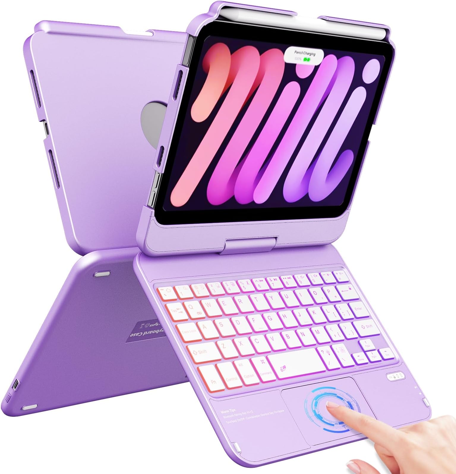 Touchpad Keyboard Case for iPad mini 7 A17 Pro 2024 & 6th Generation 2021 8.3 Inch - 360° Rotate 7 Color Backlit Keyboard for iPad with Pencil Holder, Purple
