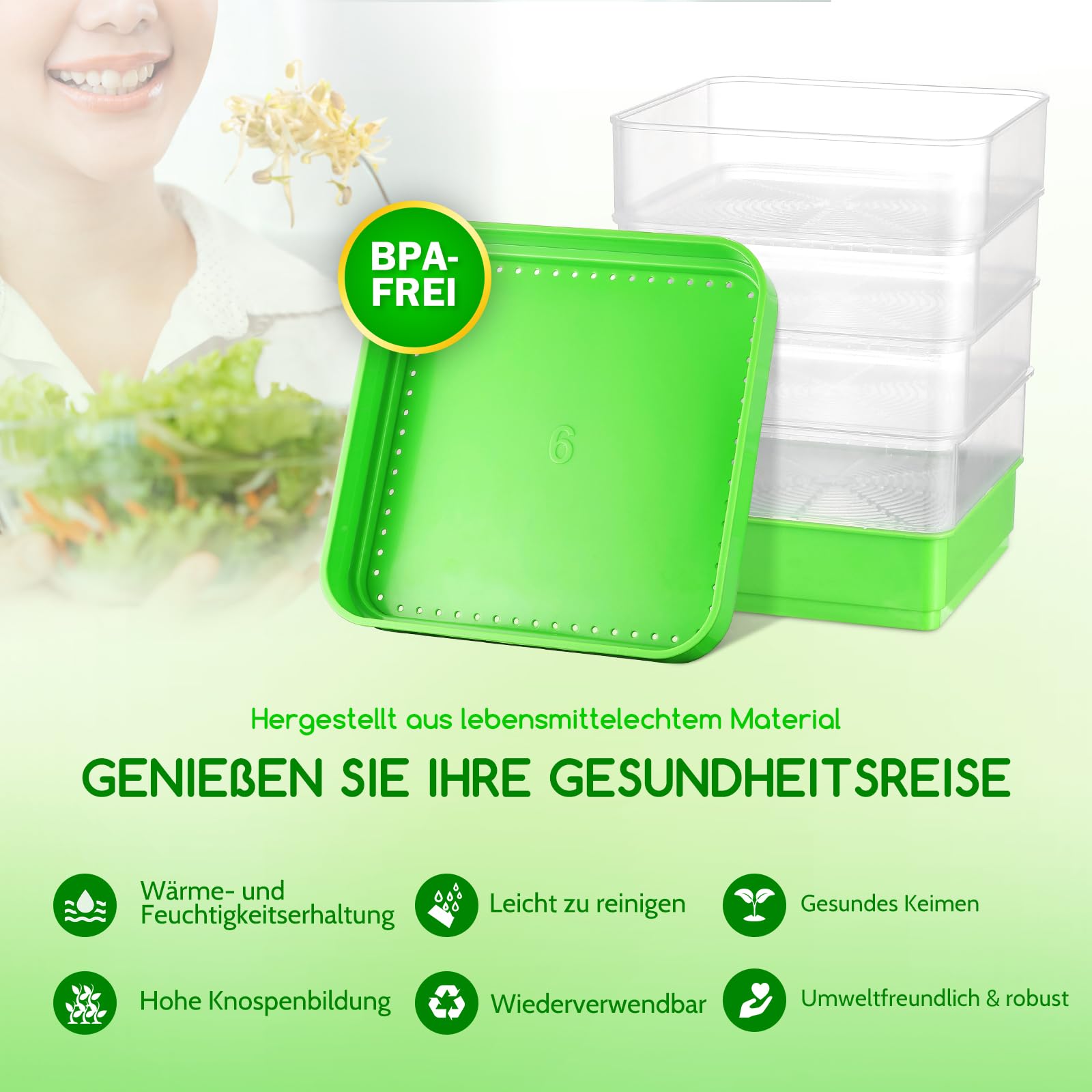 Boîte de germination à 4 étages avec couvercle et bac de récupération | Sprossen Germinateur empilable pour microgreens, pousses de haricots, alfalfa, cresse, herbe de blé, brocoli et haricots Mung