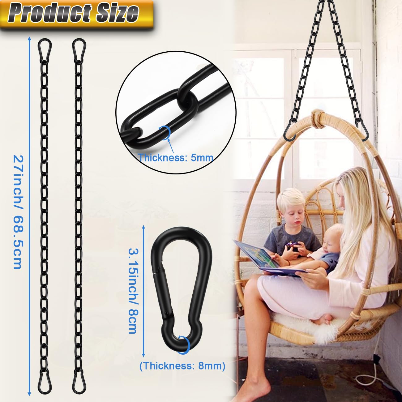 Catena da appendere per sacchi da boxe, 116 cm, catena da appendere resistente, capacità 299,4 kg, estensore per catena per amaca, kit da appendere con 2 moschettoni per sacchi da boxe, sedie a