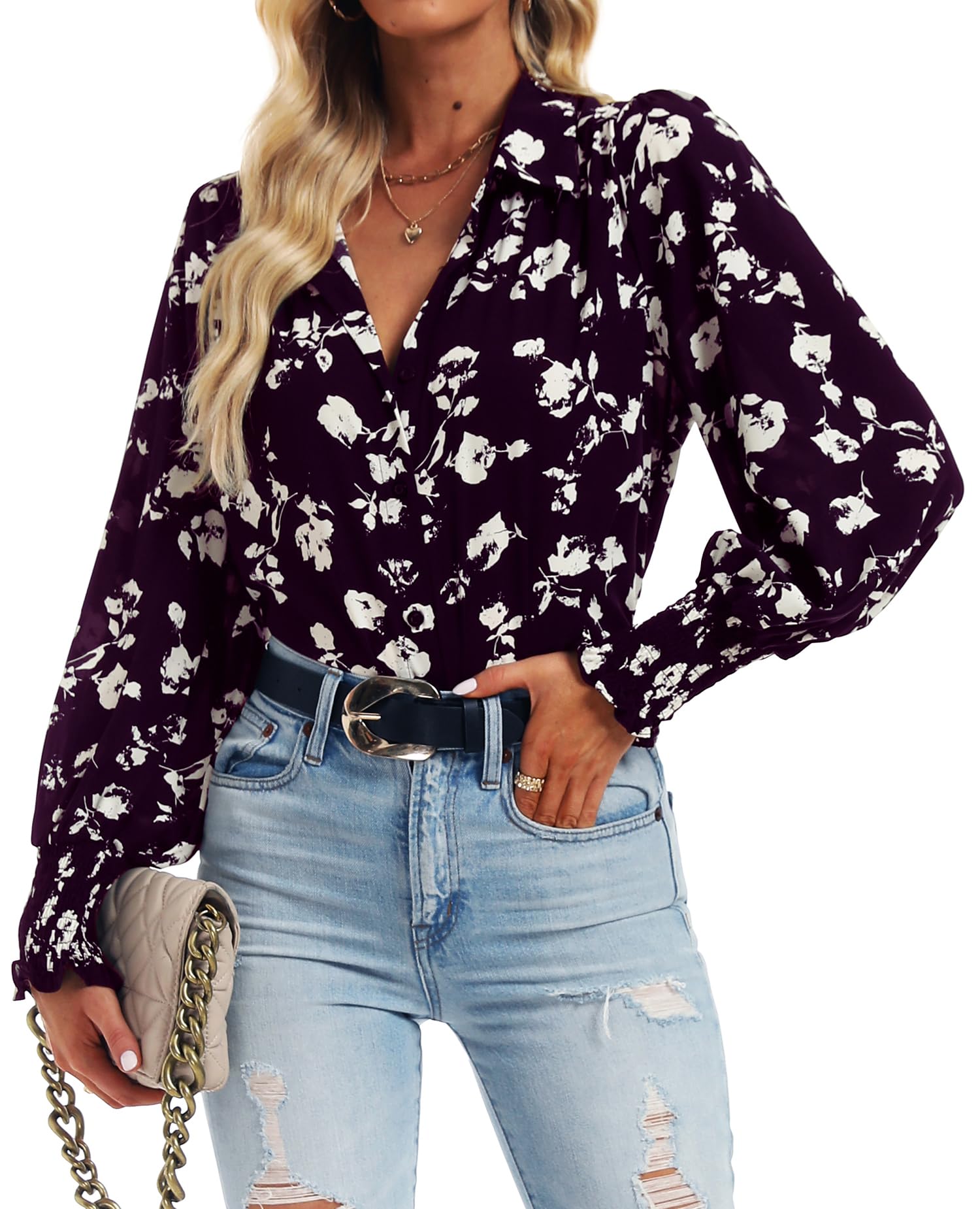 Jollycode Women's Button Down Long Sleeve Shirts Lantern Sleeve Boho Tops Collar Floral Peasant Blouse 2023