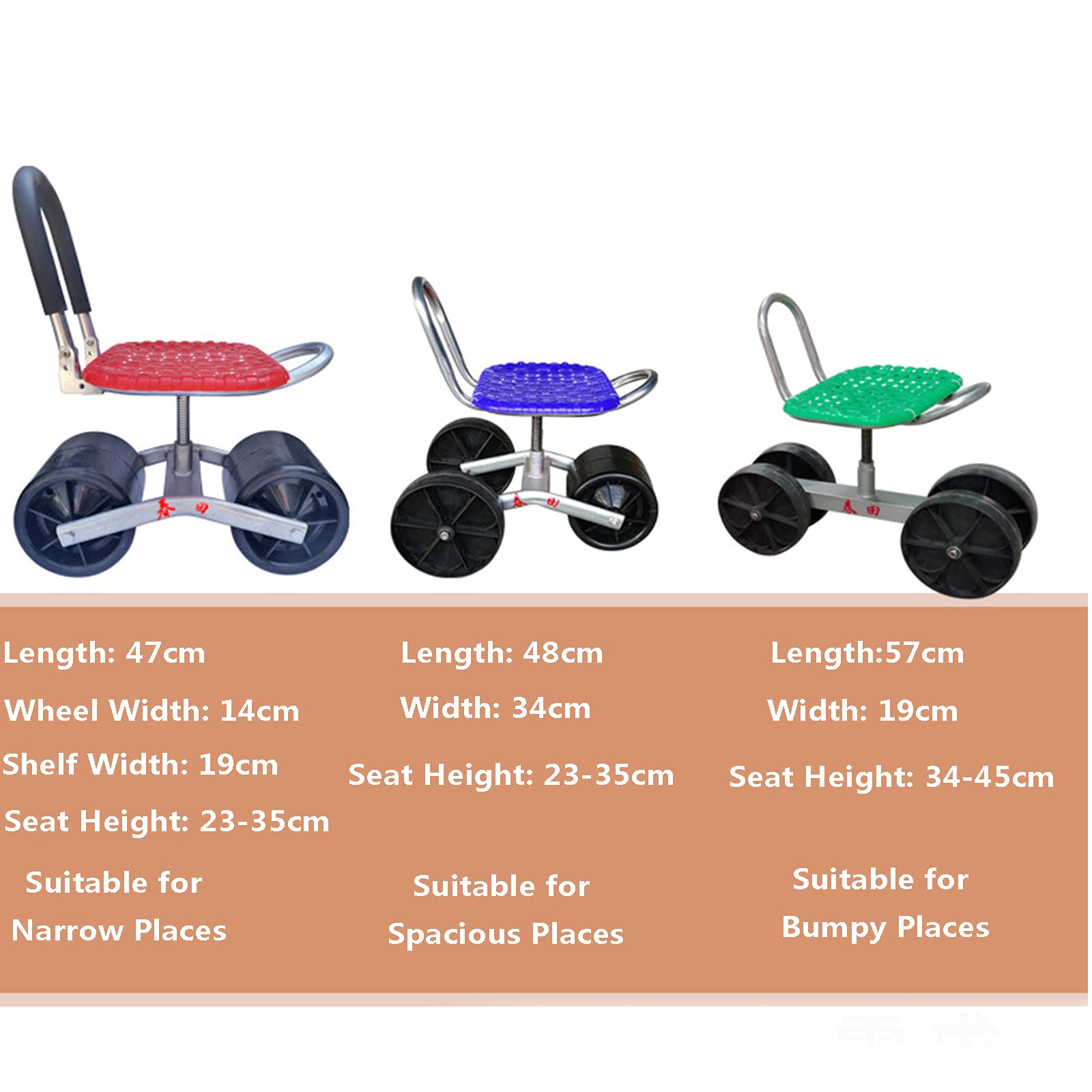 Seggiolino da lavoro da giardinaggio con ruote e sedile girevole, carrello da giardino regolabile e scooter per piantare