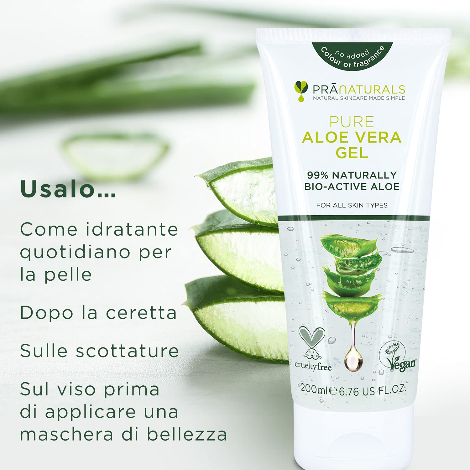 Pranaturals aloe vera gel 200 ml, gel lenitivo & idratante nutriente, idrata danneggiato pelle, assorbe facilmente non grassa o non oleoso (Pacco da 1)