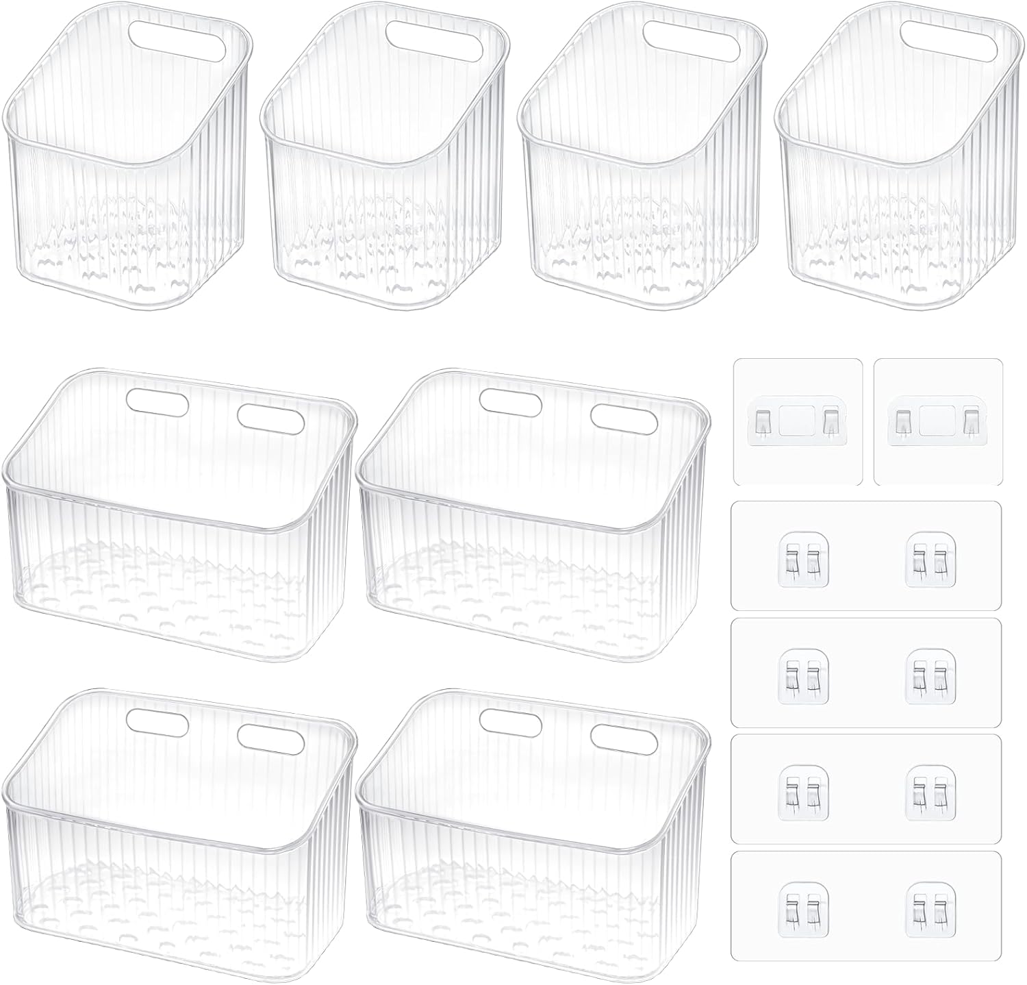8 Pcs Clear Wall Basket, Wall Mounted Storage Bins Cabinet Door Organizer Plastic Shower Caddy with Self-Adhesive Hanger, Large Containers Box for Bathroom, Kitchen, Pantry, Countertop, No Drill Shelf