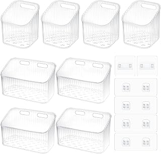 8 Pcs Clear Wall Basket, Wall Mounted Storage Bins Cabinet Door Organizer Plastic Shower Caddy with Self-Adhesive Hanger, Large Containers Box for Bathroom, Kitchen, Pantry, Countertop, No Drill Shelf