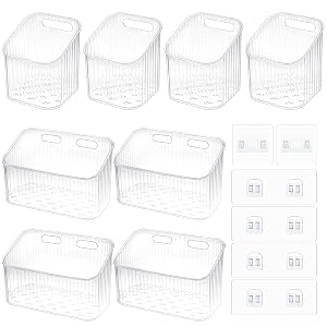 8 Pcs Clear Wall Basket Wall Mounted Storage Bins Cabinet Door Organizer Plastic Shower Caddy with Self-Adhesive Hanger
