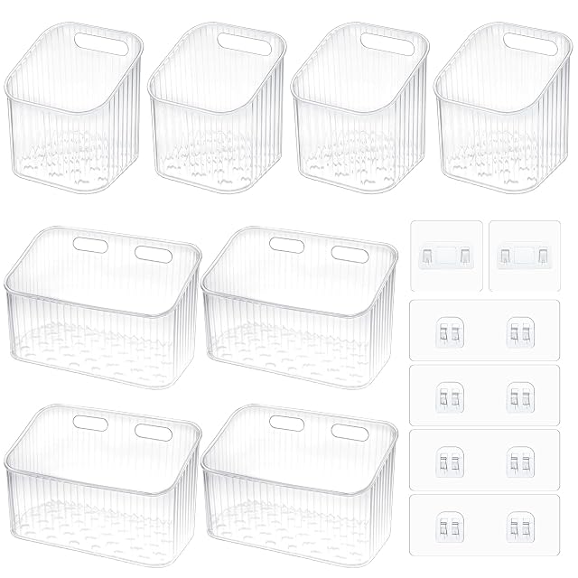 8 Pcs Clear Wall Basket Wall Mounted Storage Bins Cabinet Door Organizer Plastic Shower Caddy with Self-Adhesive Hanger