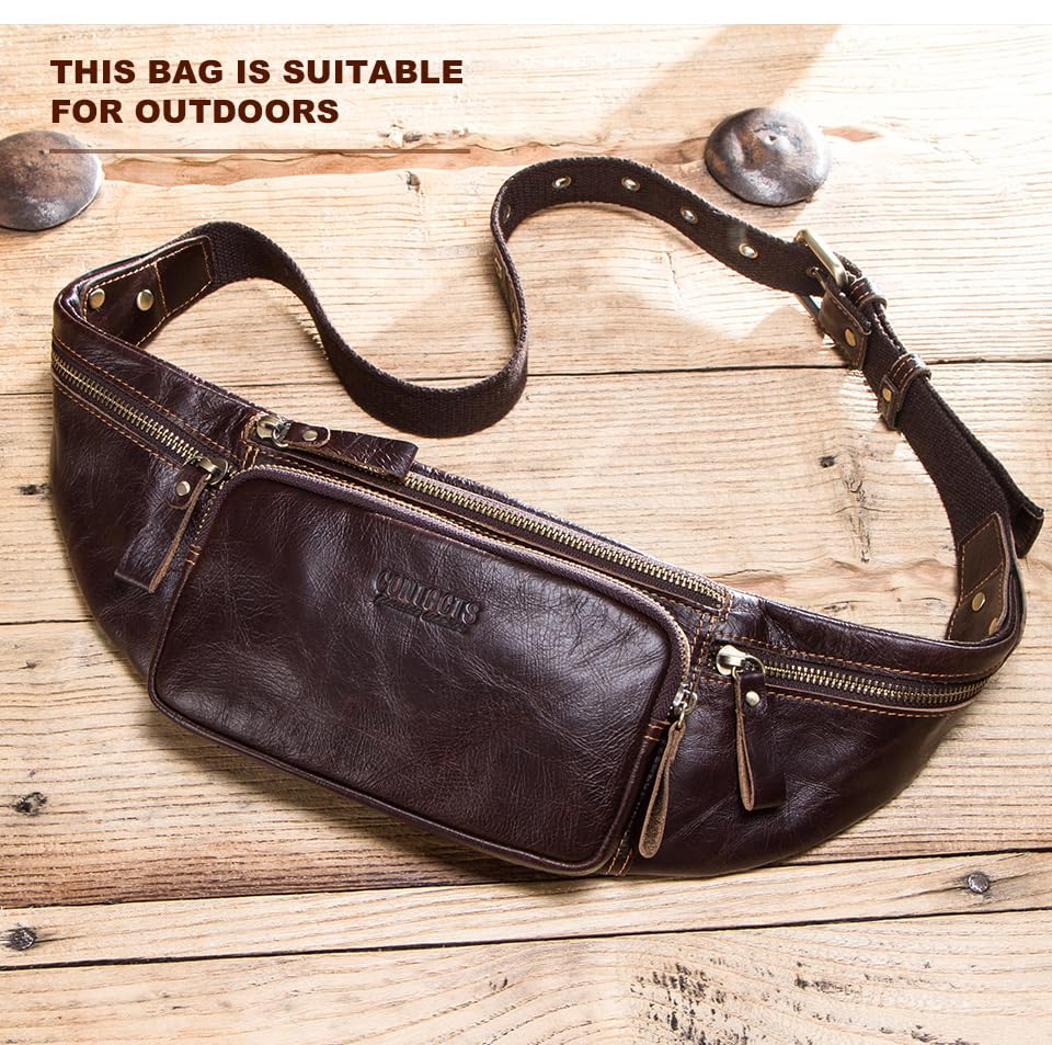 Image of Sam's Design Mens Real Leather Chestbag Zipper Small Crossbody Phone Wallet Holder Bag Waist Pouch Pack for Sport,Spring Out,Travel (Dark Brown)
